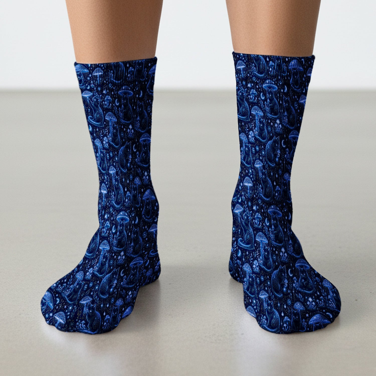 Celestial Black Cat Mushroom Pattern Socks, Adult Socks for Men and Women
