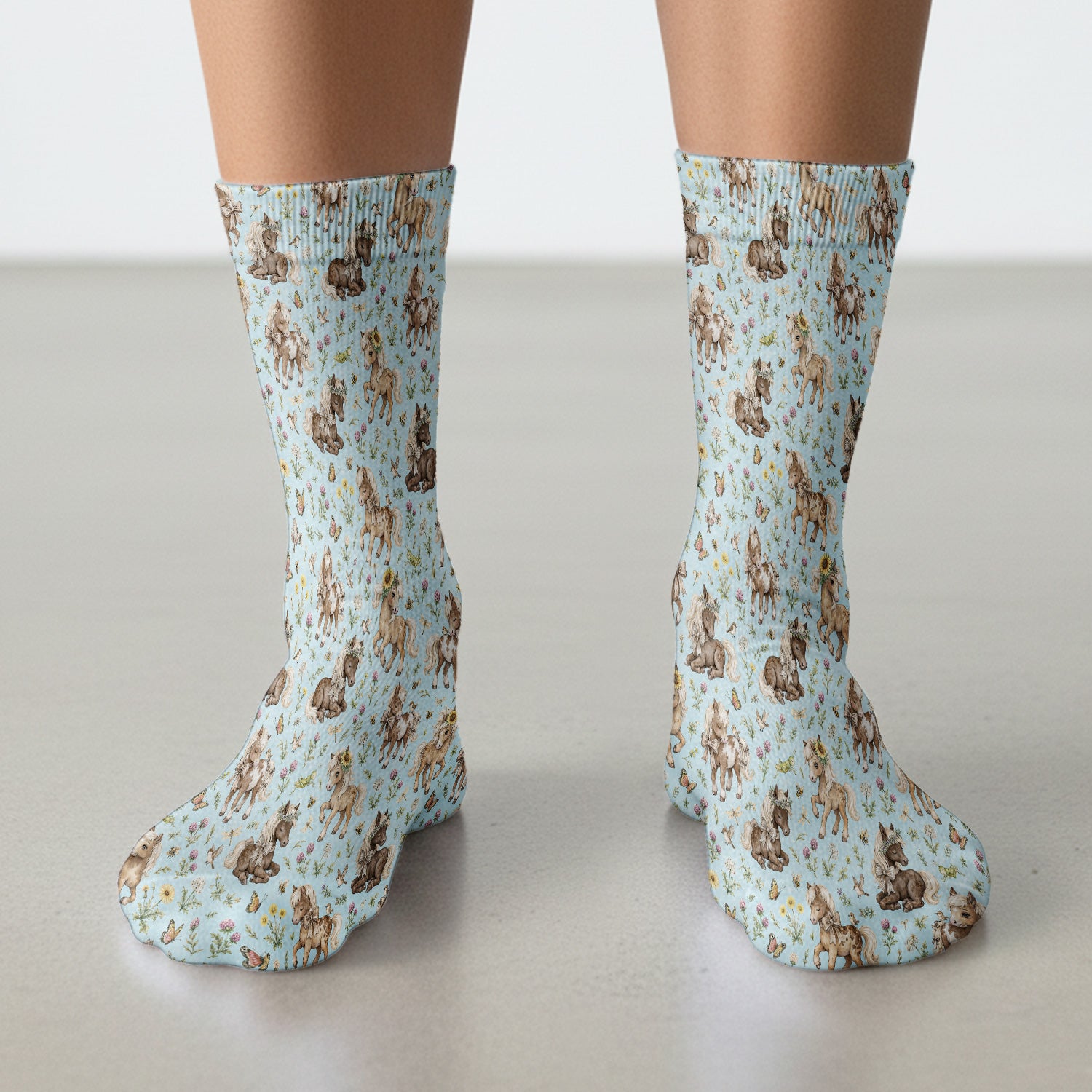 Cute Pony Garden with Butterfly Floral Meadow Print Socks, Adult Socks for Men and Women
