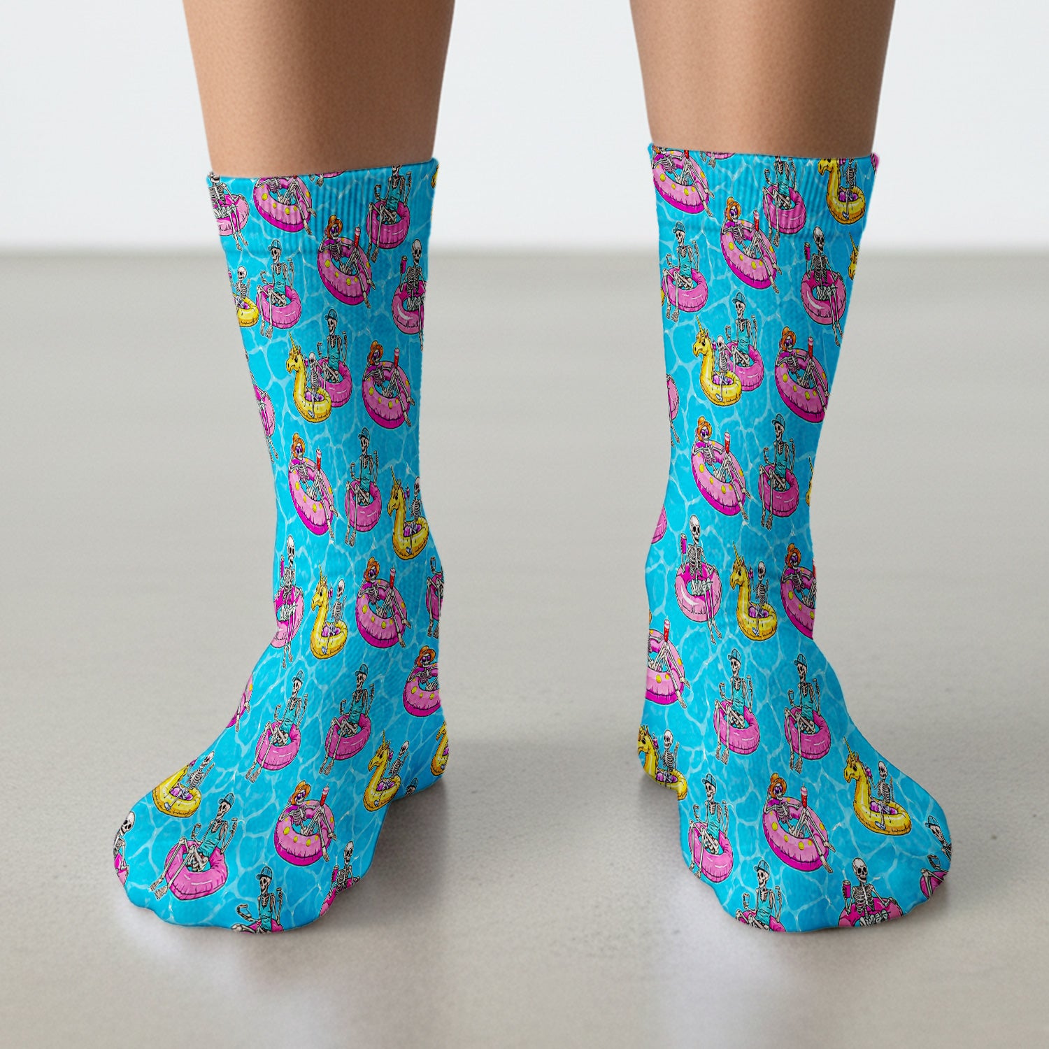 Summerween Skeleton with Pool Float Print Socks, Adult Socks for Men and Women