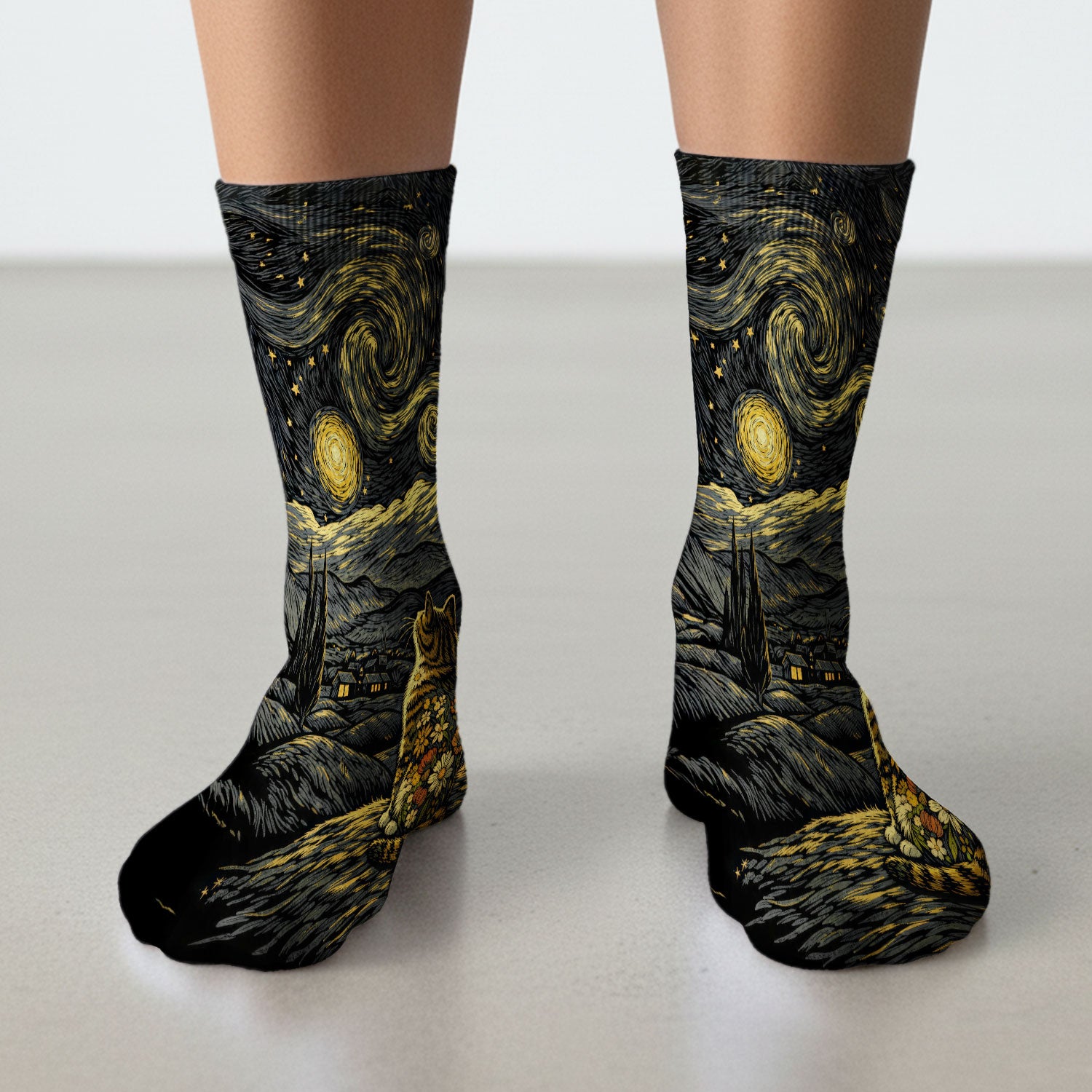 Galaxy Night Sky Cat With Flowers Print Socks, Adult Socks for Men and Women