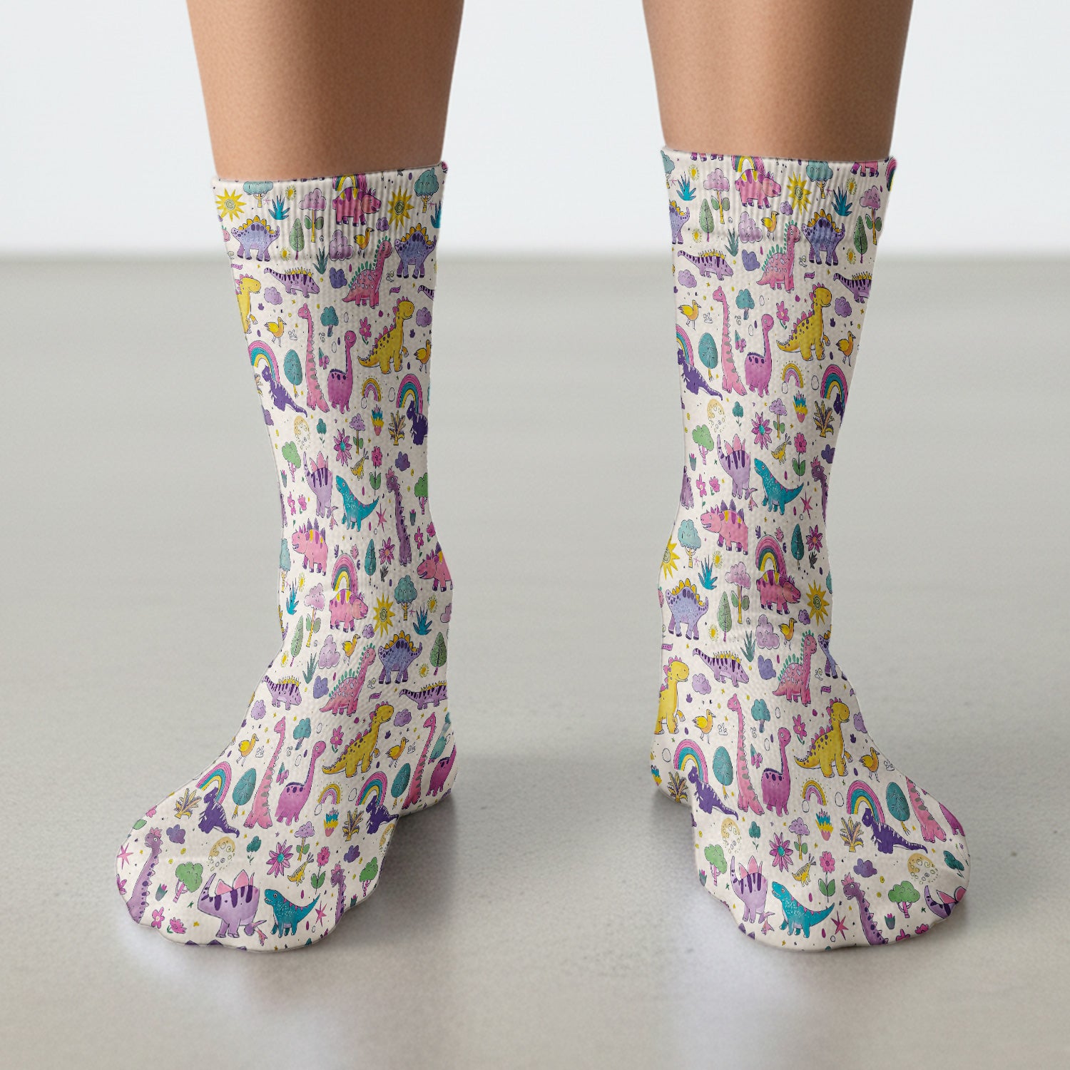 Cute Dinosaur Rainbow Pattern Socks, Adult Socks for Men and Women