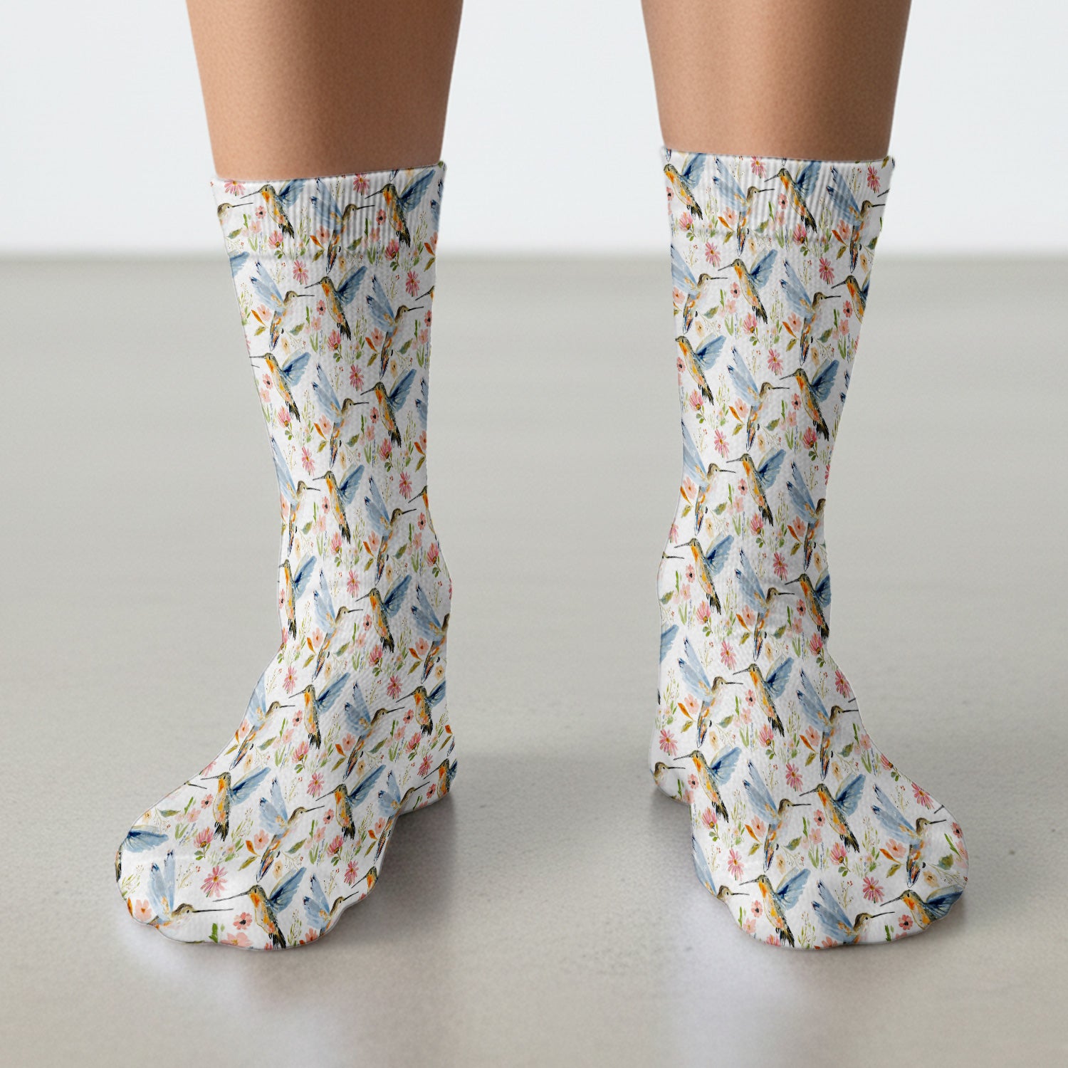Watercolor Hummingbird Floral Pattern Socks, Adult Socks for Men and Women