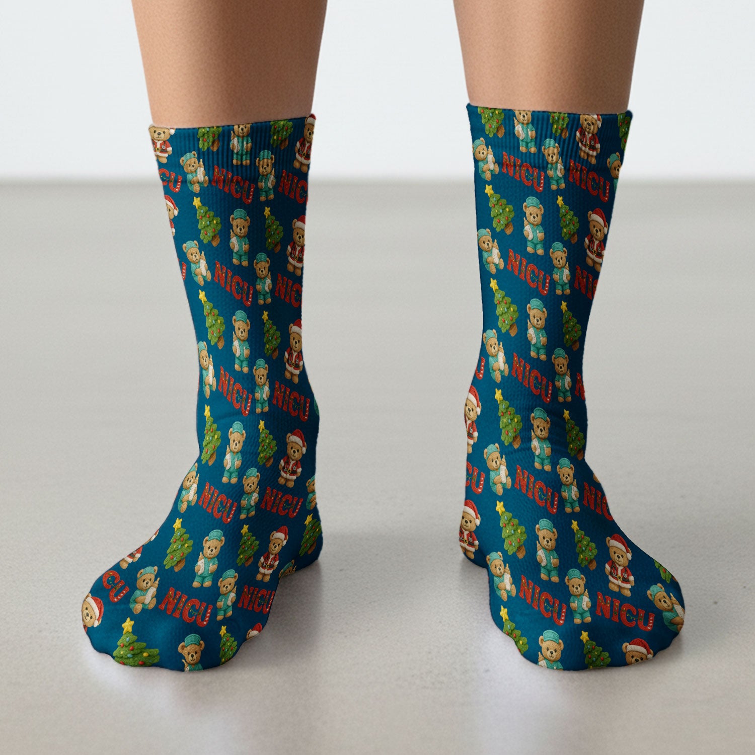 Festive Christmas NICU Nurse Teddy Bear Pattern Print Socks, Adult Socks for Men and Women