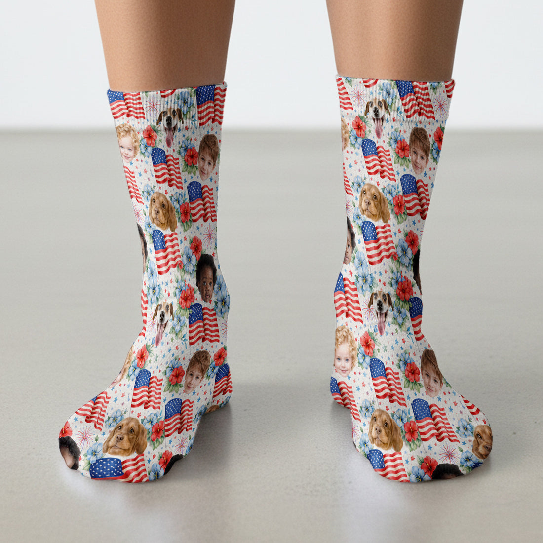 Custom Photo Patriotic Kids & Pet Faces Flag Nurse Socks, Adult Socks for Men and Women