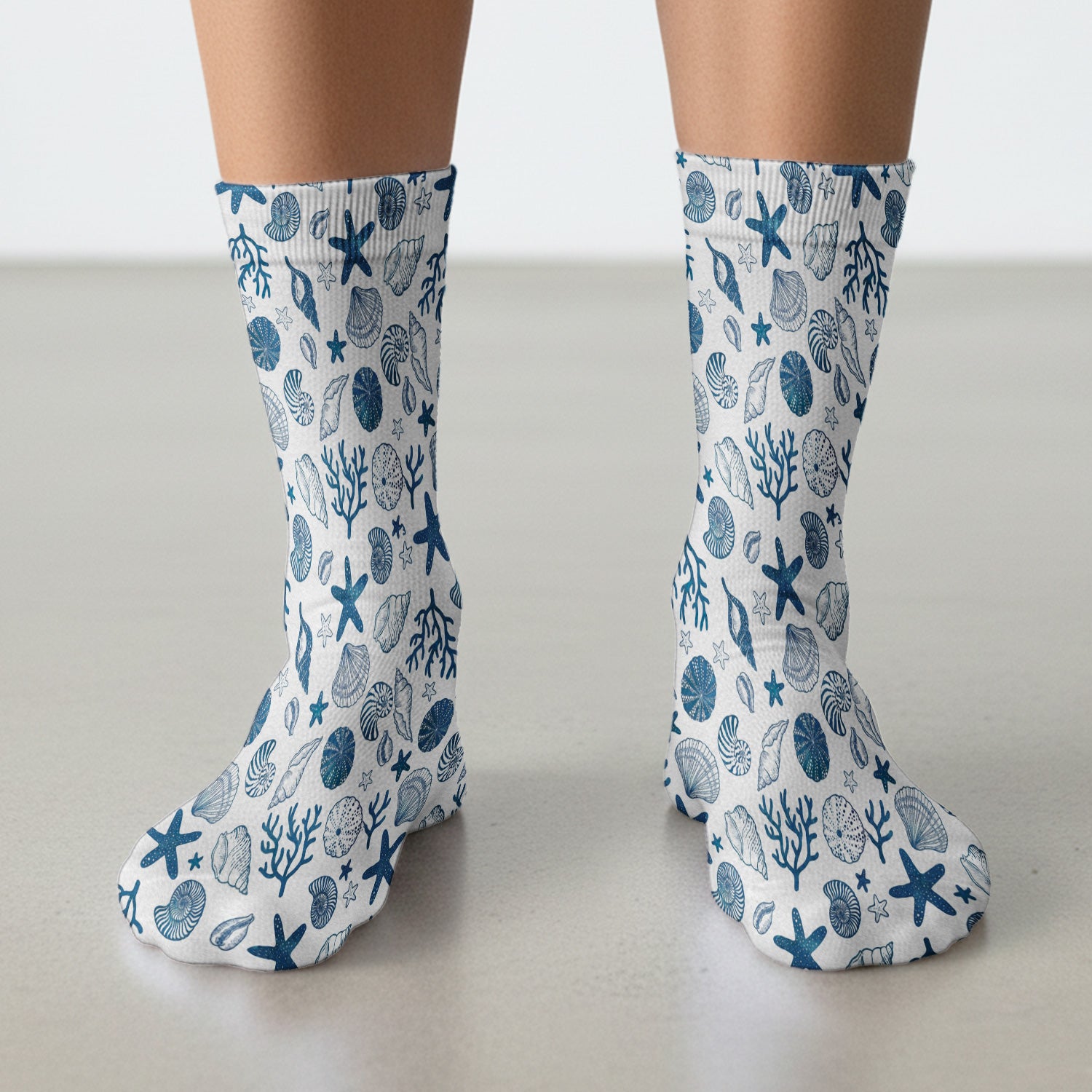 Cute Ocean Shell Starfish Pattern Socks, Adult Socks for Men and Women