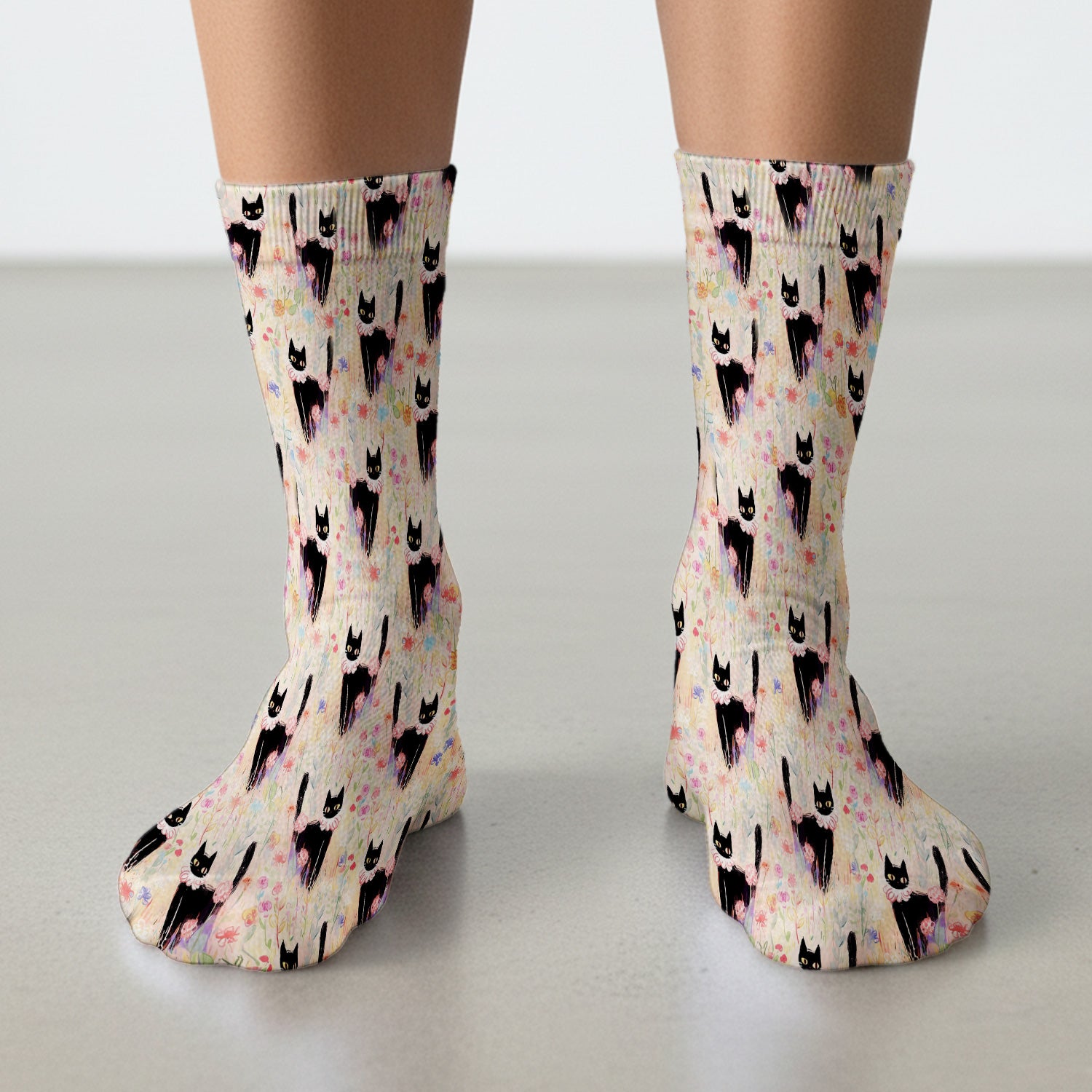 Black Cat Floral Garden Nurse Pattern Socks, Adult Socks for Men and Women