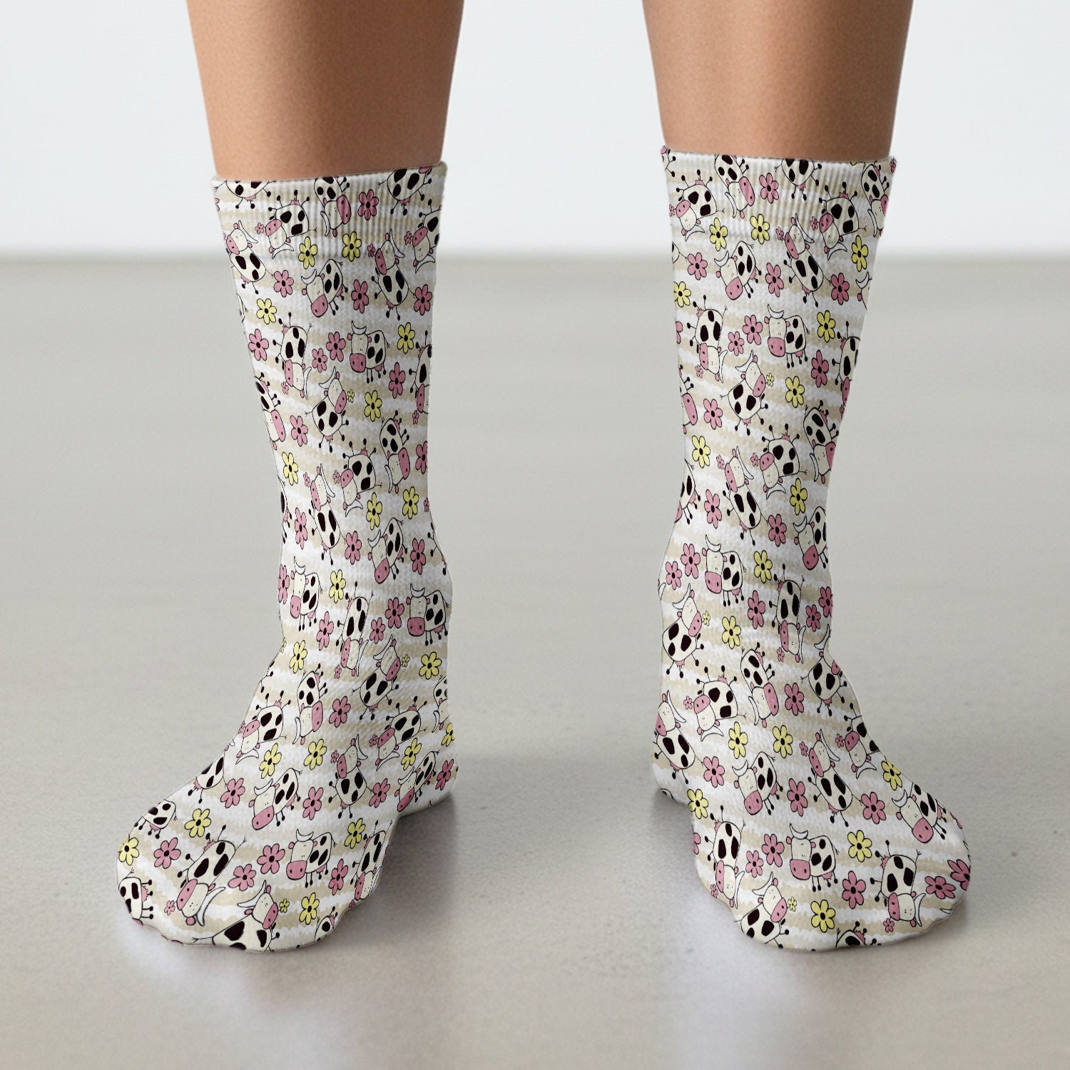 Cute Cartoon Cow Flower Meadow Pattern Nurse Socks, Adult Socks for Men and Women