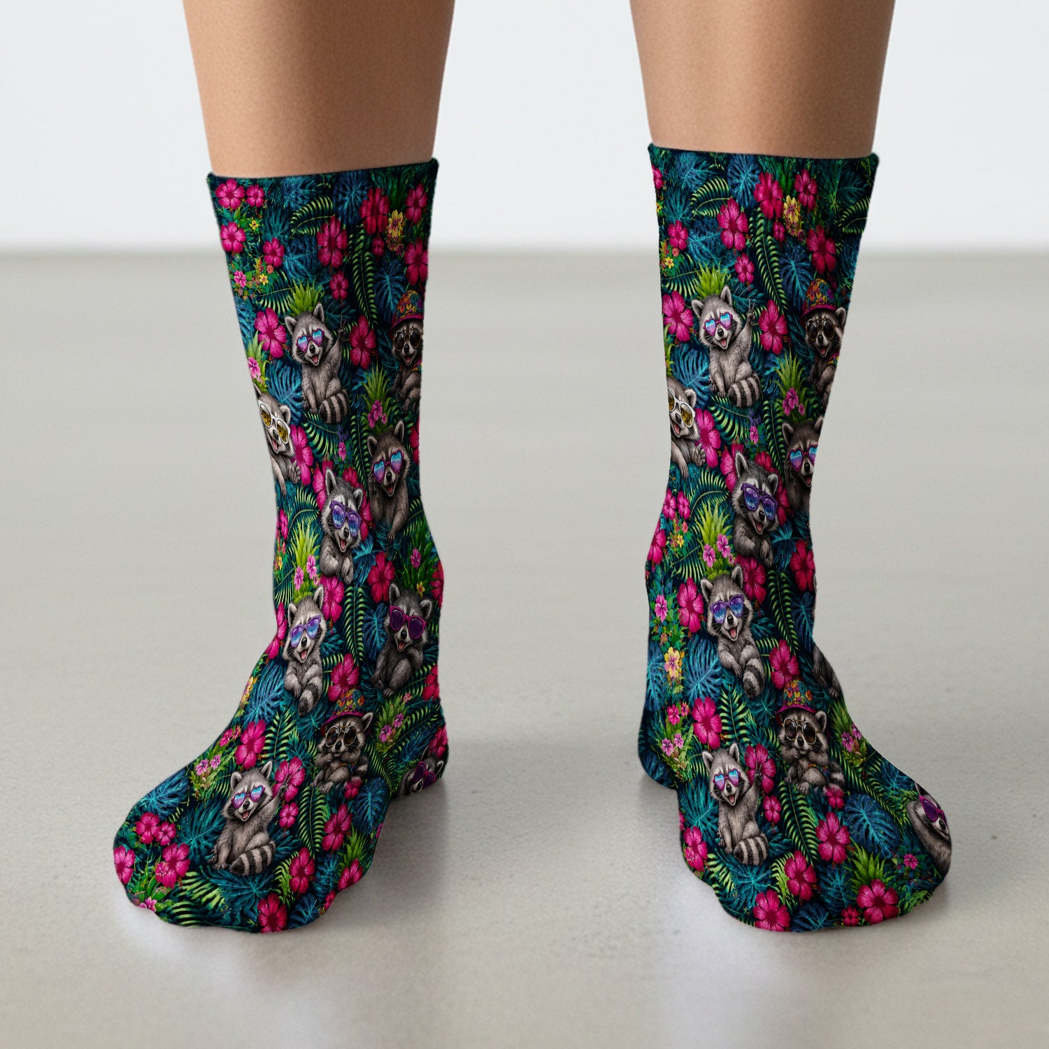 Tropical Raccoon Nurse Floral Pattern Socks, Adult Socks for Men and Women