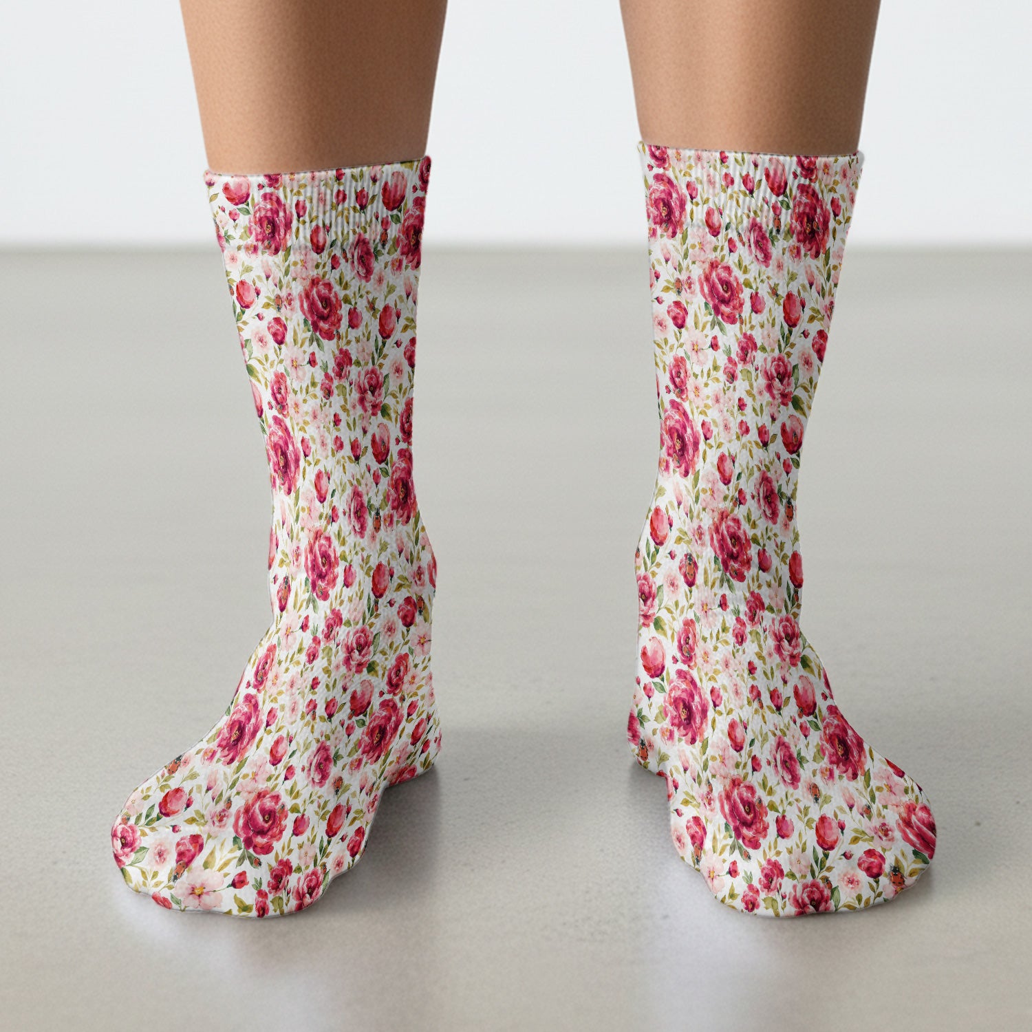 Pink Rose Ladybug Garden Pattern Socks, Adult Socks for Men and Women