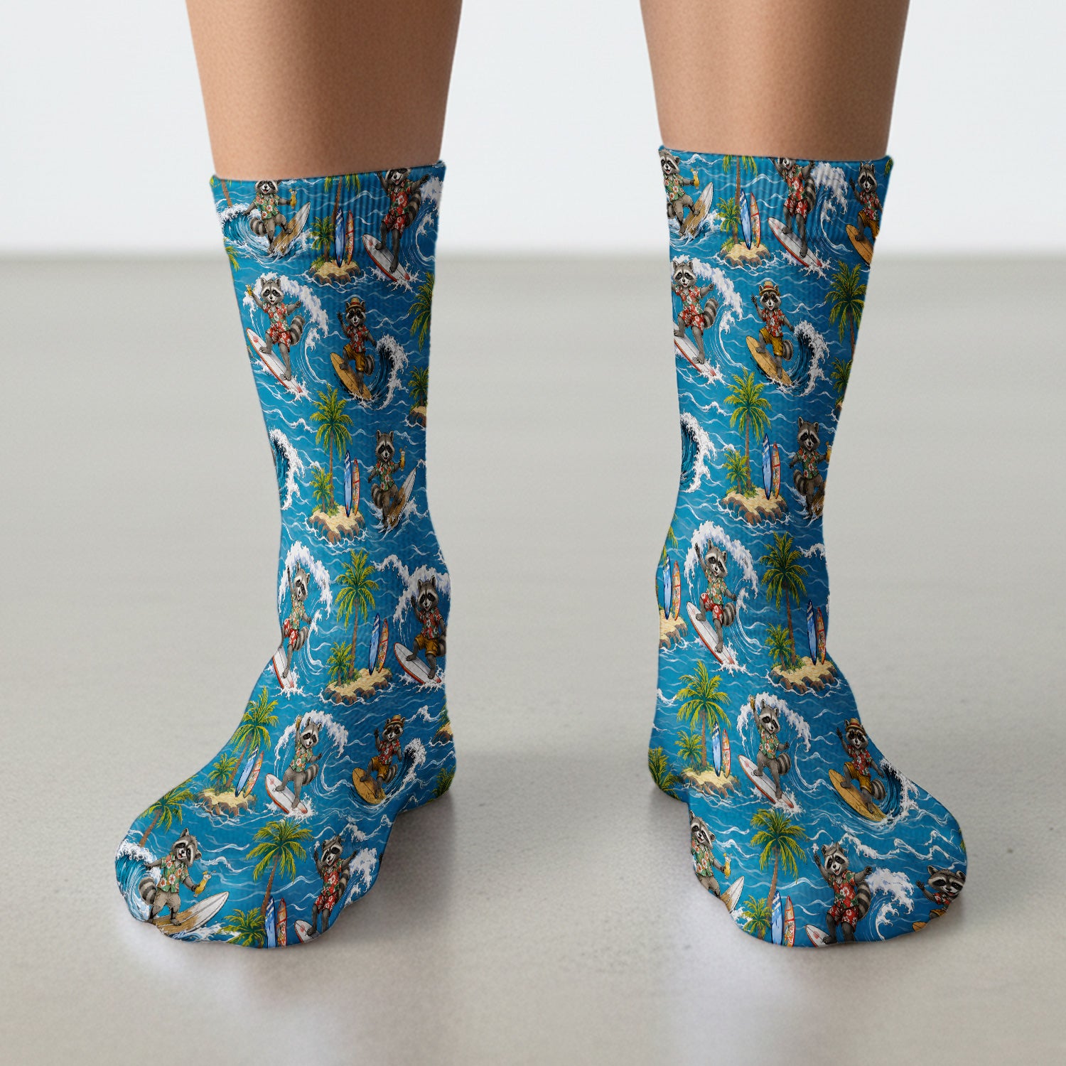 Tropical Surfing Raccoon Island Pattern Socks, Adult Socks for Men and Women