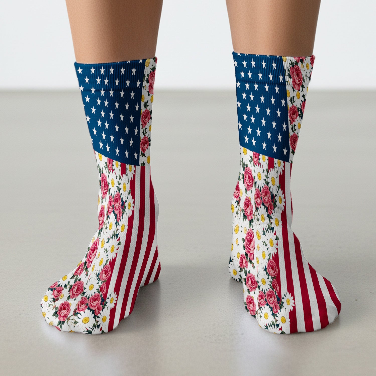 Floral American Flag Nurse Scrub Top for RN, CNA, Healthcare Workers, Patriotic Uniform Socks, Adult Socks for Men and Women