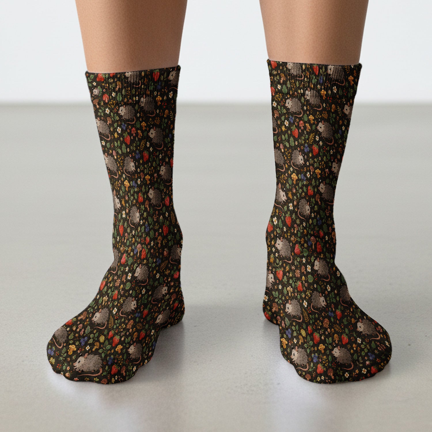 Woodland Opossum Berry Mushroom Pattern Socks, Adult Socks for Men and Women