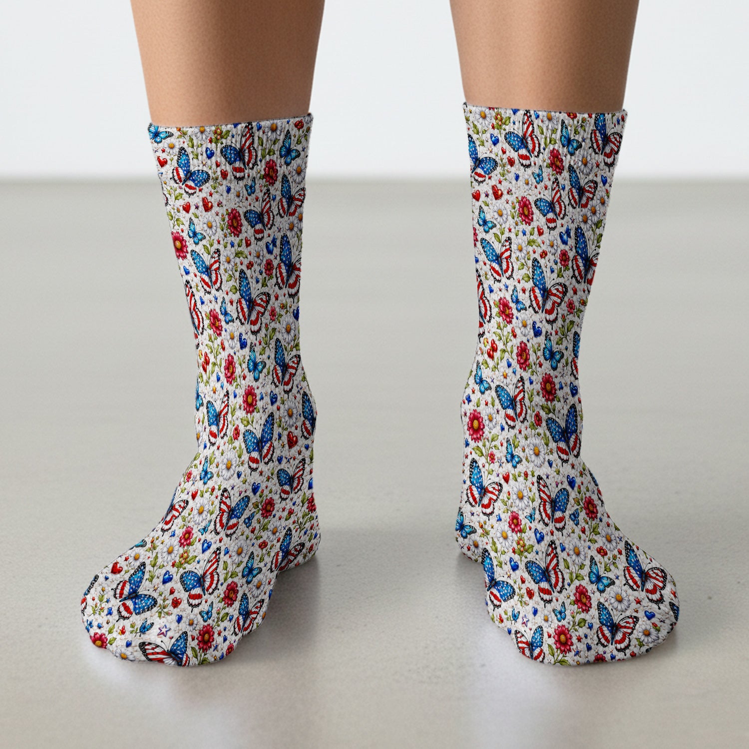 Patriotic Butterfly Daisy Heart Pattern Socks, Adult Socks for Men and Women