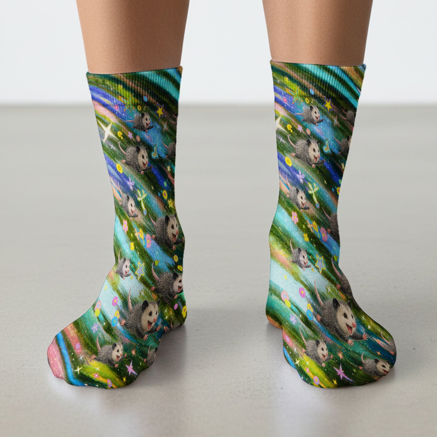 Colorful Opossum Rainbow Stars Print Socks, Adult Socks for Men and Women