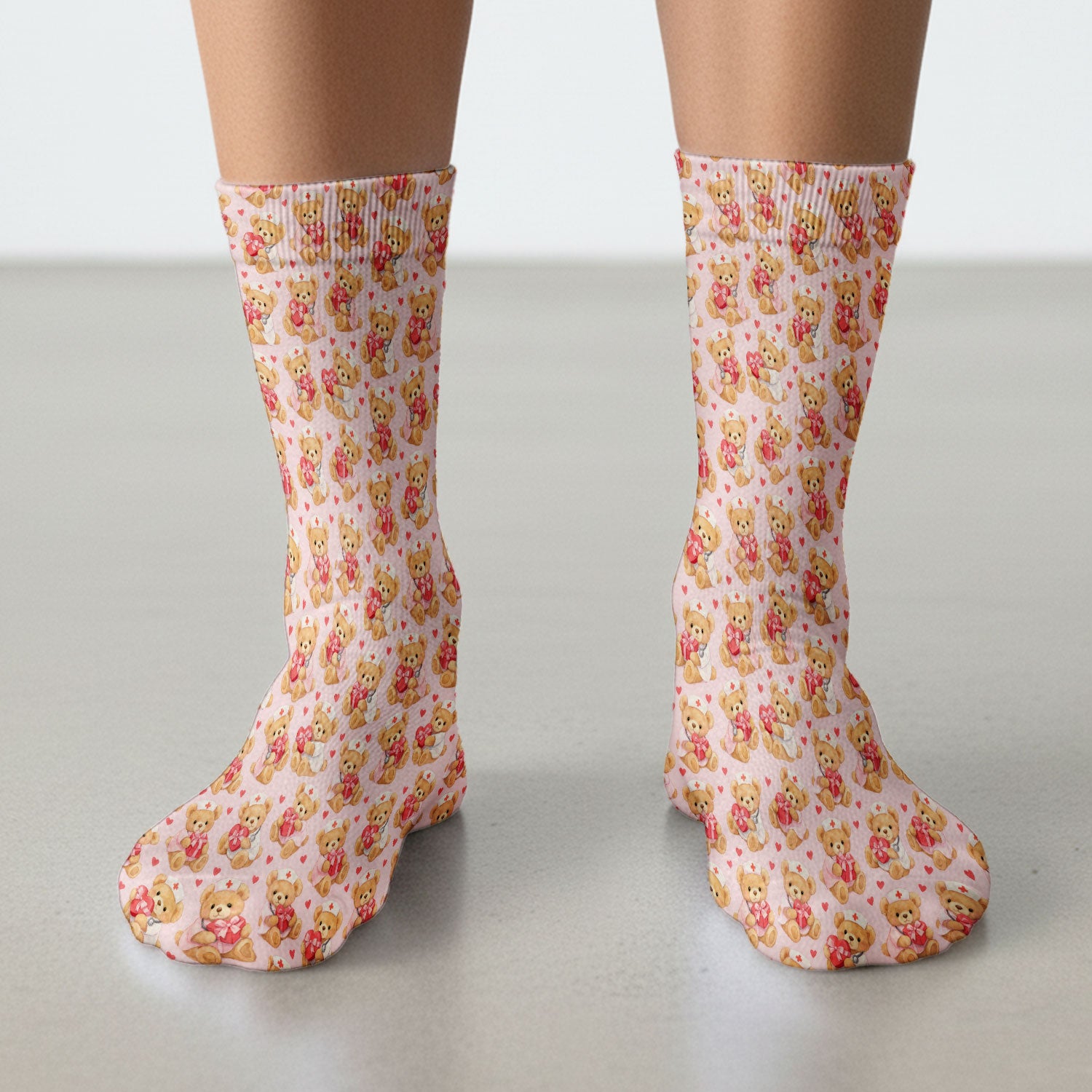 Valentine Teddy Pattern Scrub Socks, Bear And Heart Medical Nurse Scrub Sock, Breathable Fabrics Nursing Uniform