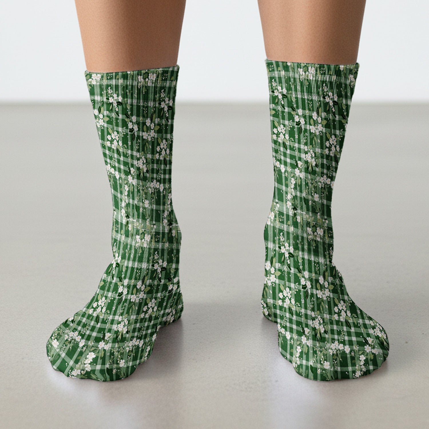 Cute Green Gingham Floral Print Socks, Socks for Nurse Doctor