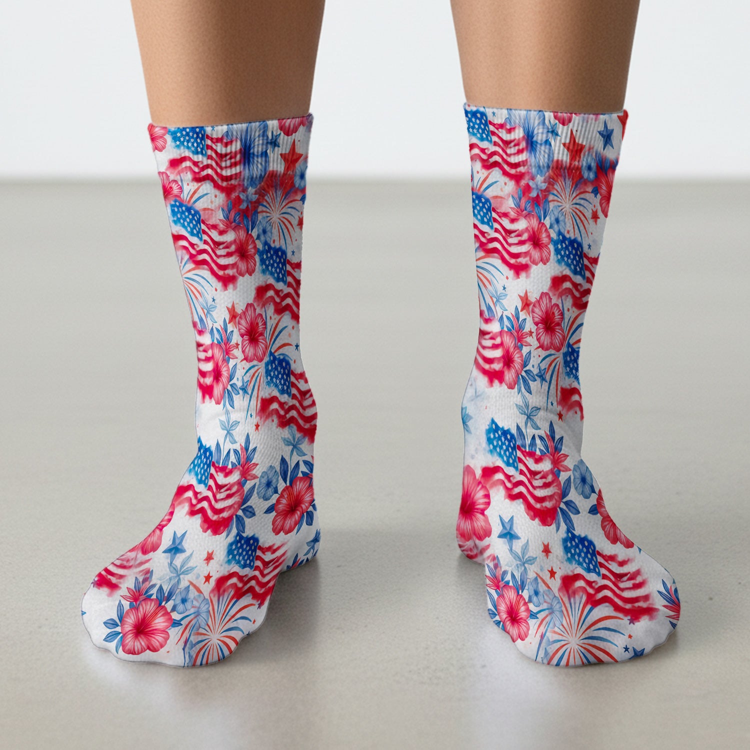 Patriotic American Flag Floral Pattern Socks, Adult Socks for Men and Women