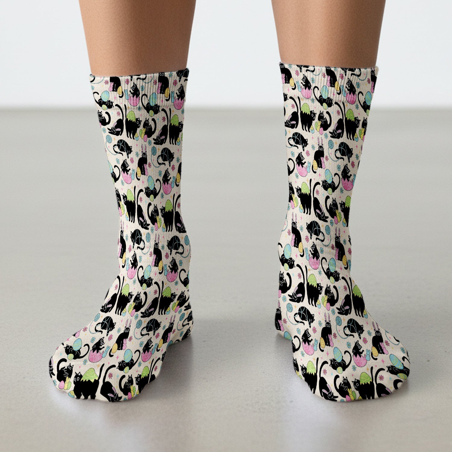 Funny Easter Black Cat Egg Pattern Print Socks, Adult Socks for Men and Women