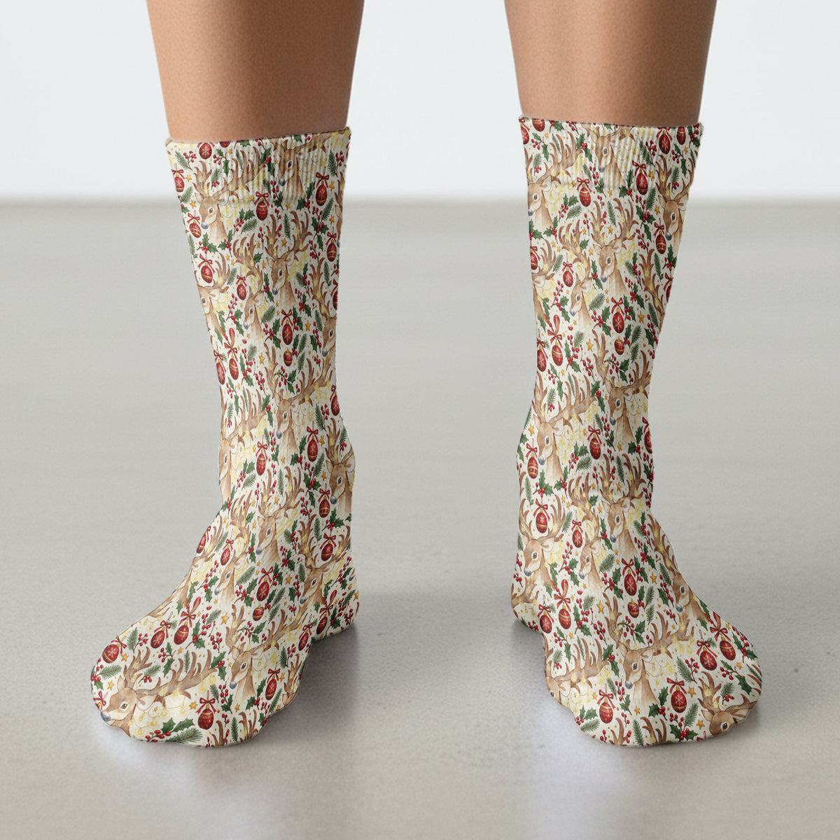 Christmas Reindeer And Holly Socks, Adult Socks for Men and Women