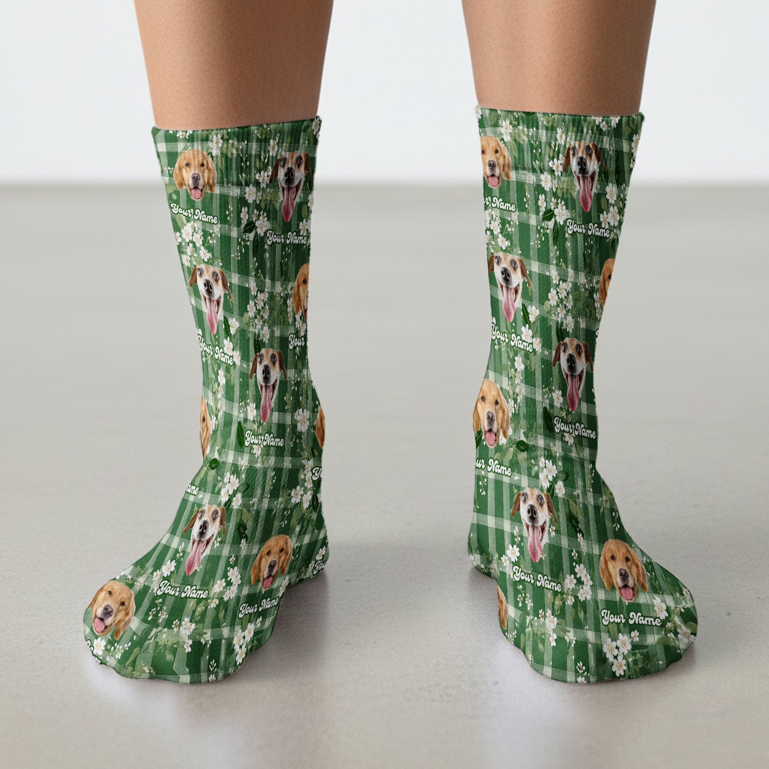 Custom Dog Face Socks, Dog Green Plaid Floral Pattern, Adult Socks for Men and Women
