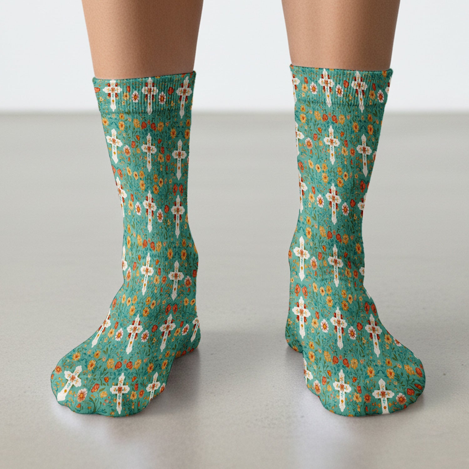 Christian Faith Floral Cross Pattern Socks, Adult Socks for Men and Women