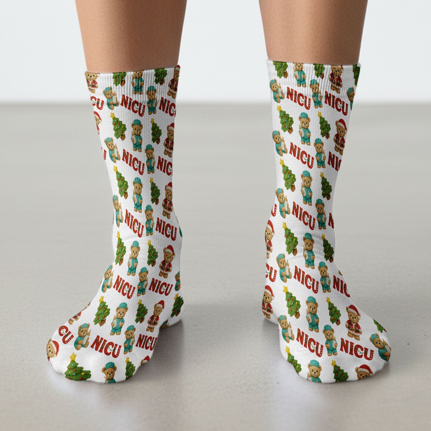 Festive Christmas NICU Nurse Teddy Bear Pattern Print Socks, Adult Socks for Men and Women