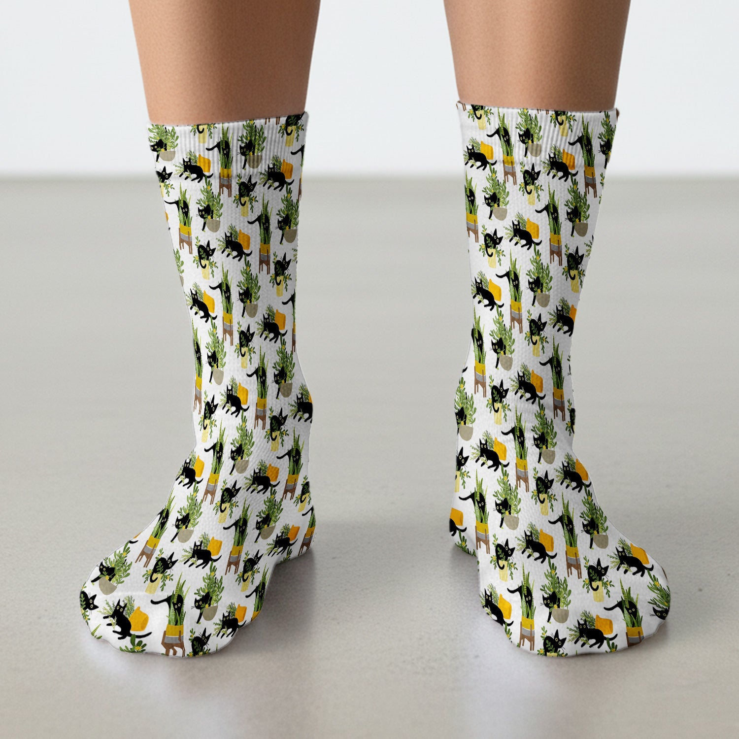 Black Cat Plant Pots Pattern Socks, Adult Socks for Men and Women