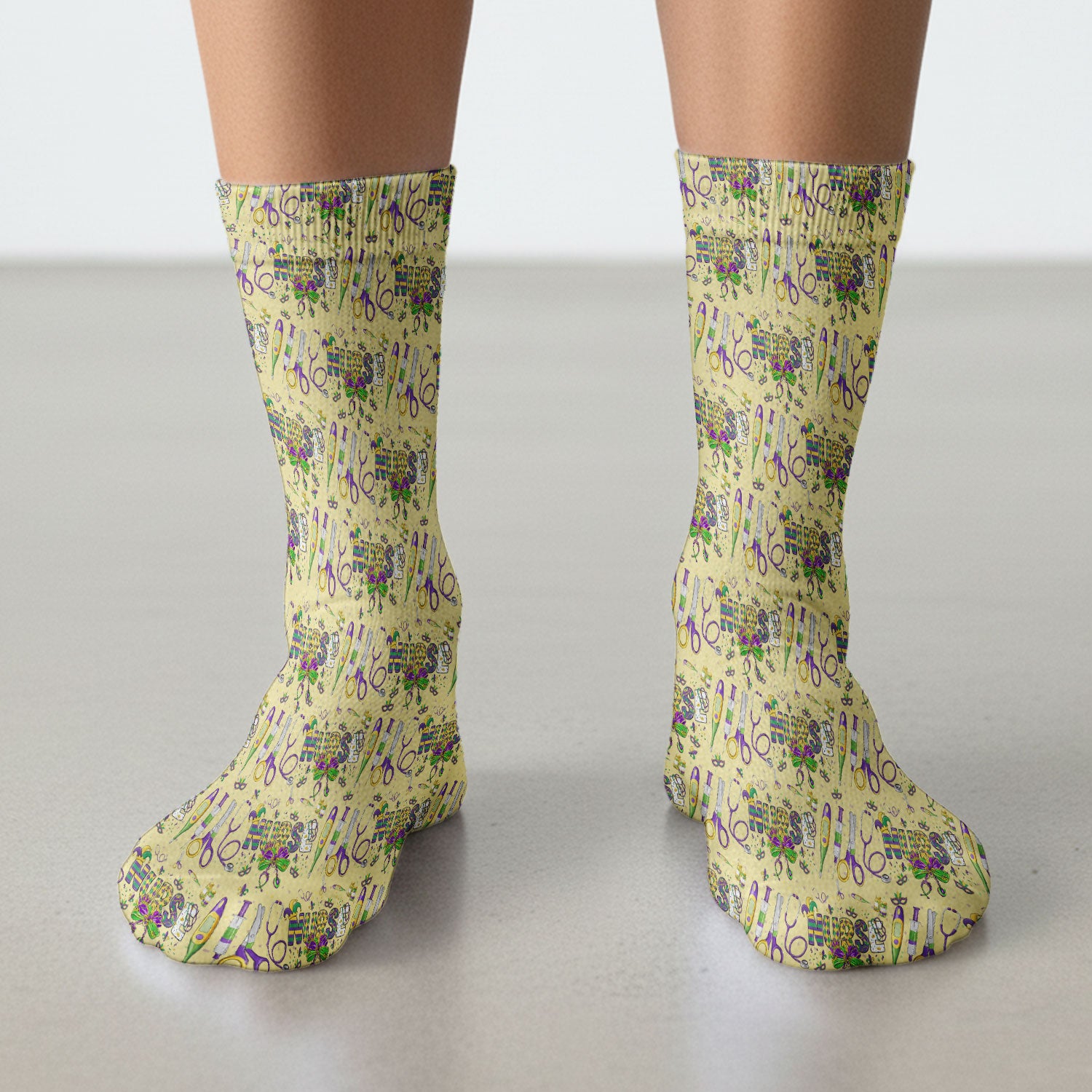 Mardi Gras Nurse Scrub Socks, Holiday Medical Pattern Nurse Sock, Breathable Fabrics Nursing Uniform