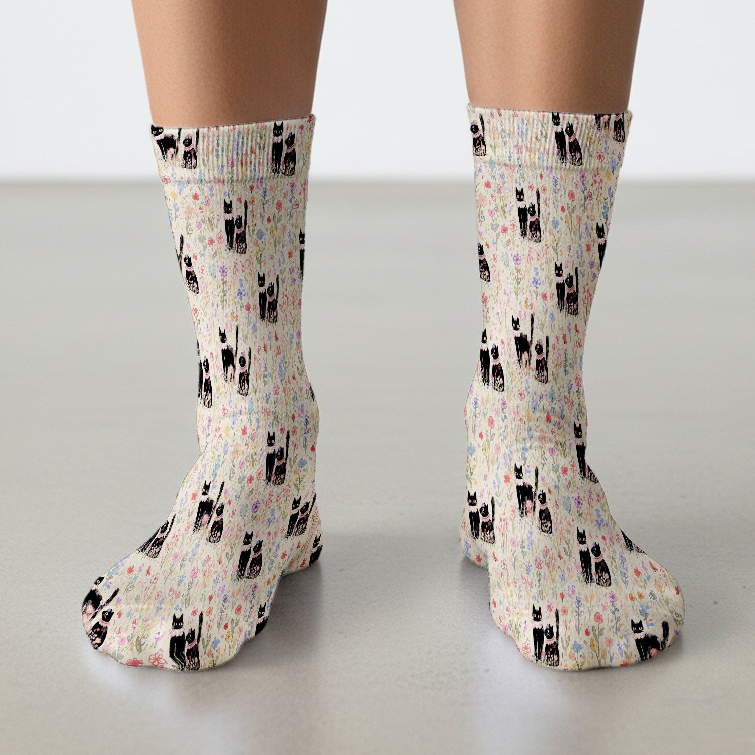 Cute Black Cats Wildflower Garden Pattern Socks, Adult Socks for Men and Women
