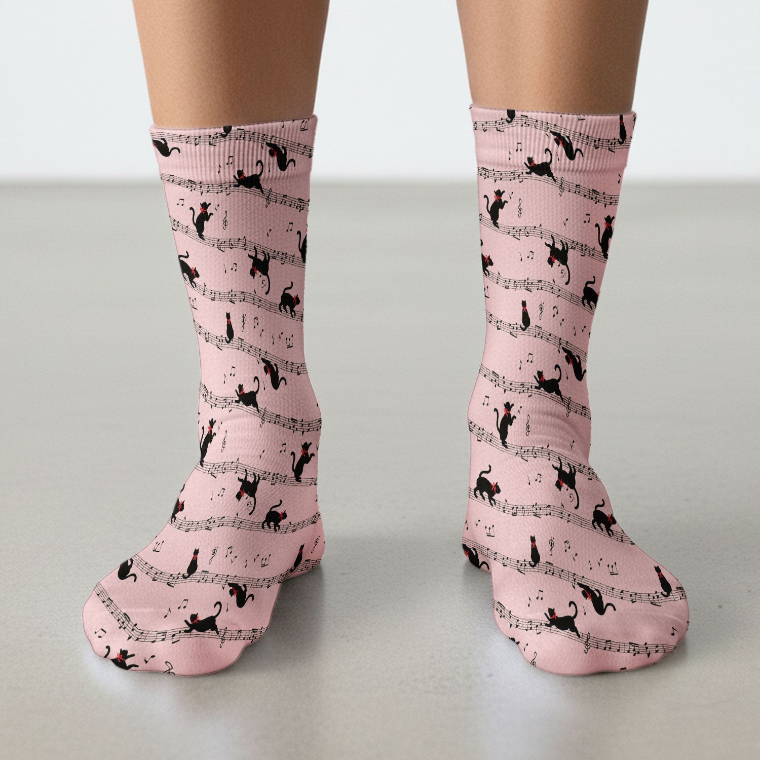 Cute Dancing Black Cat Music Staff Pattern Scrub Socks, Socks for Nurse Doctor