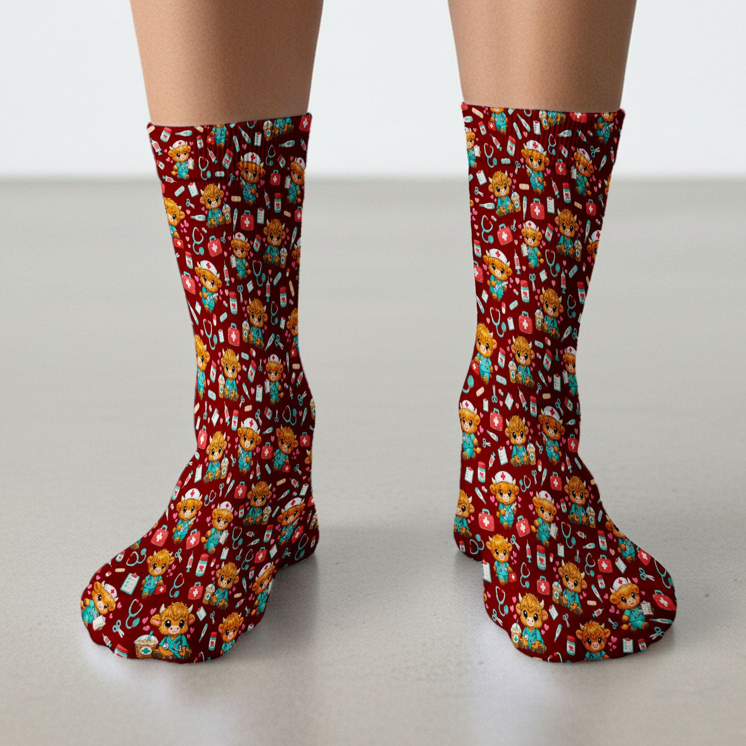 Cute Highland Cow Nurse Scrub Socks, Kawaii Medical Pattern Sock, Breathable Fabrics Nursing Uniform