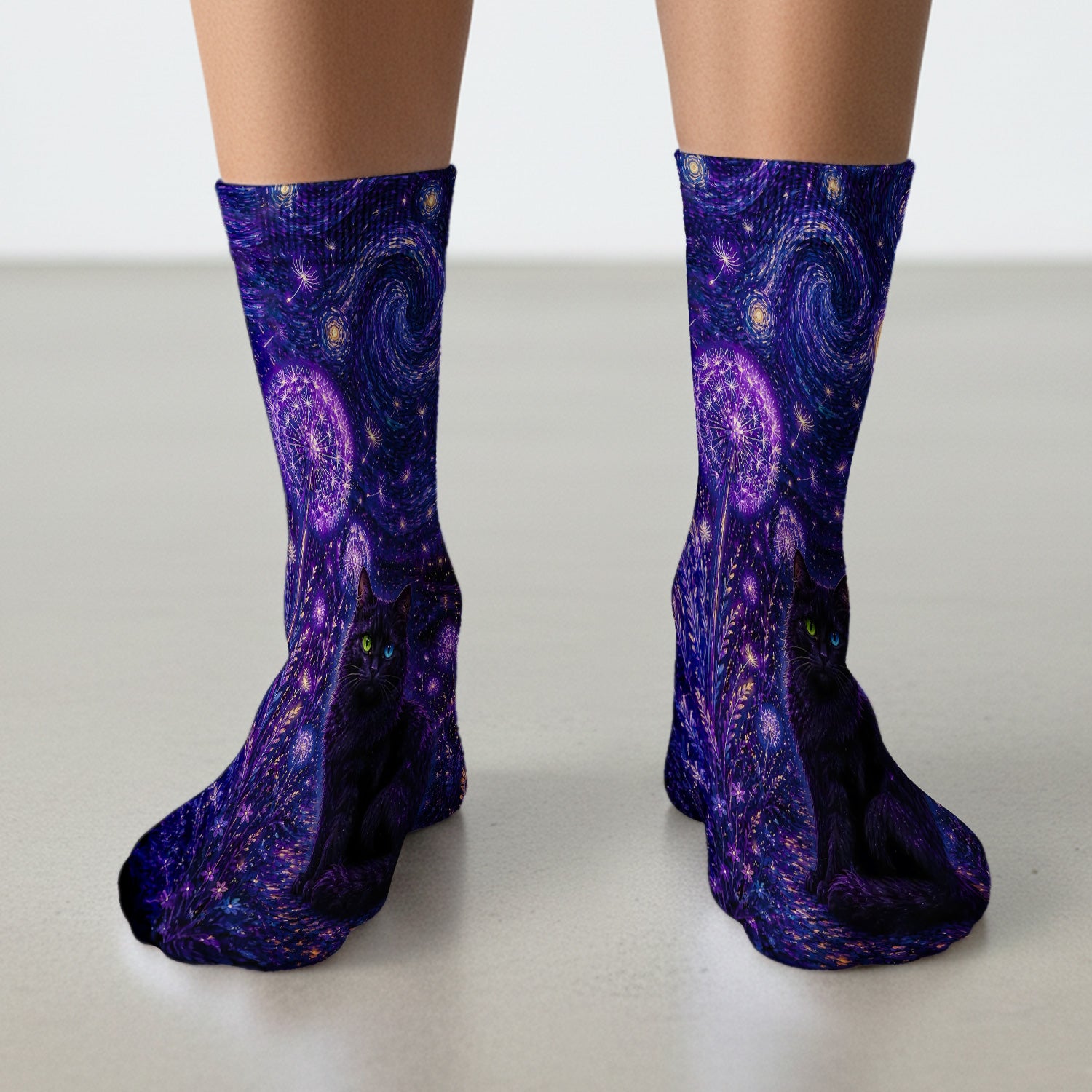 Mystical Black Cat Starry Night Print Socks, Adult Socks for Men and Women