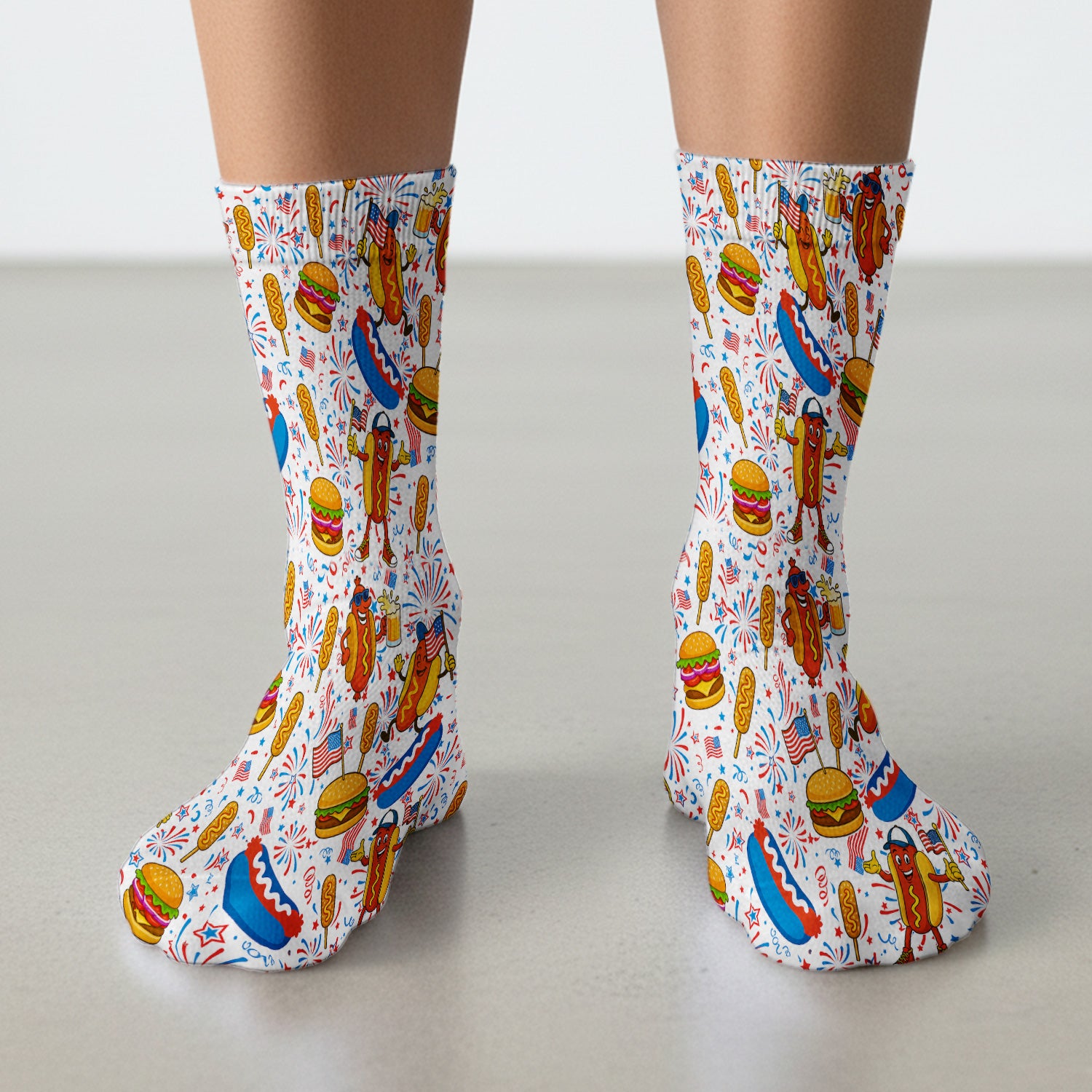 Patriotic Hot Dog Burger Fireworks Socks, Adult Socks for Men and Women