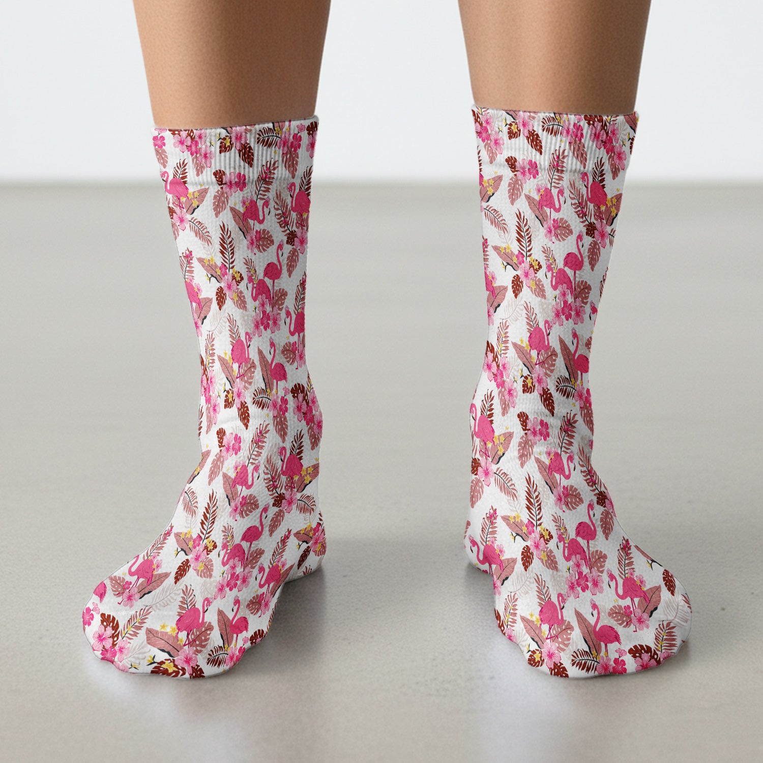 Pink Flamingo Tropical Floral Socks, Adult Socks for Men and Women