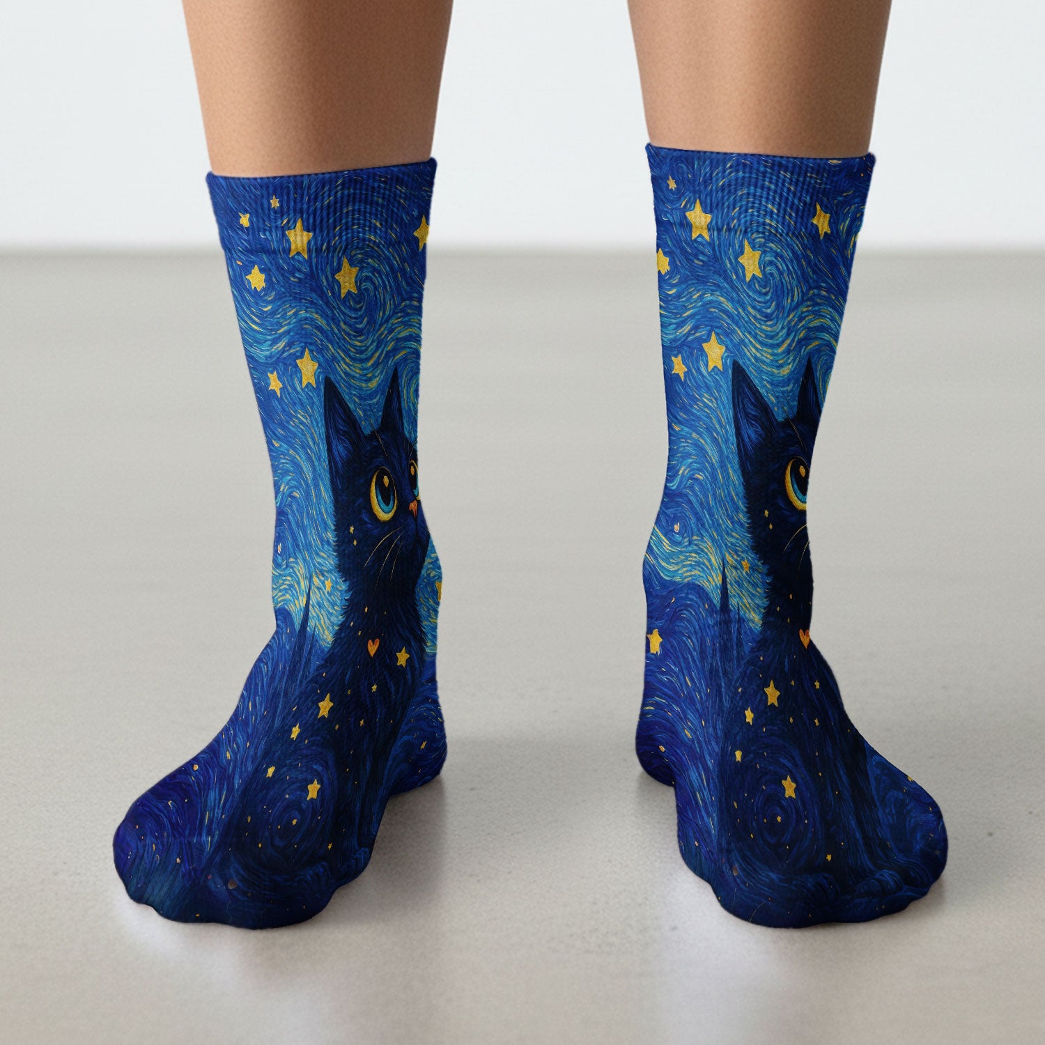 Black Cat Starry Night Pattern Print Socks, Adult Socks for Men and Women