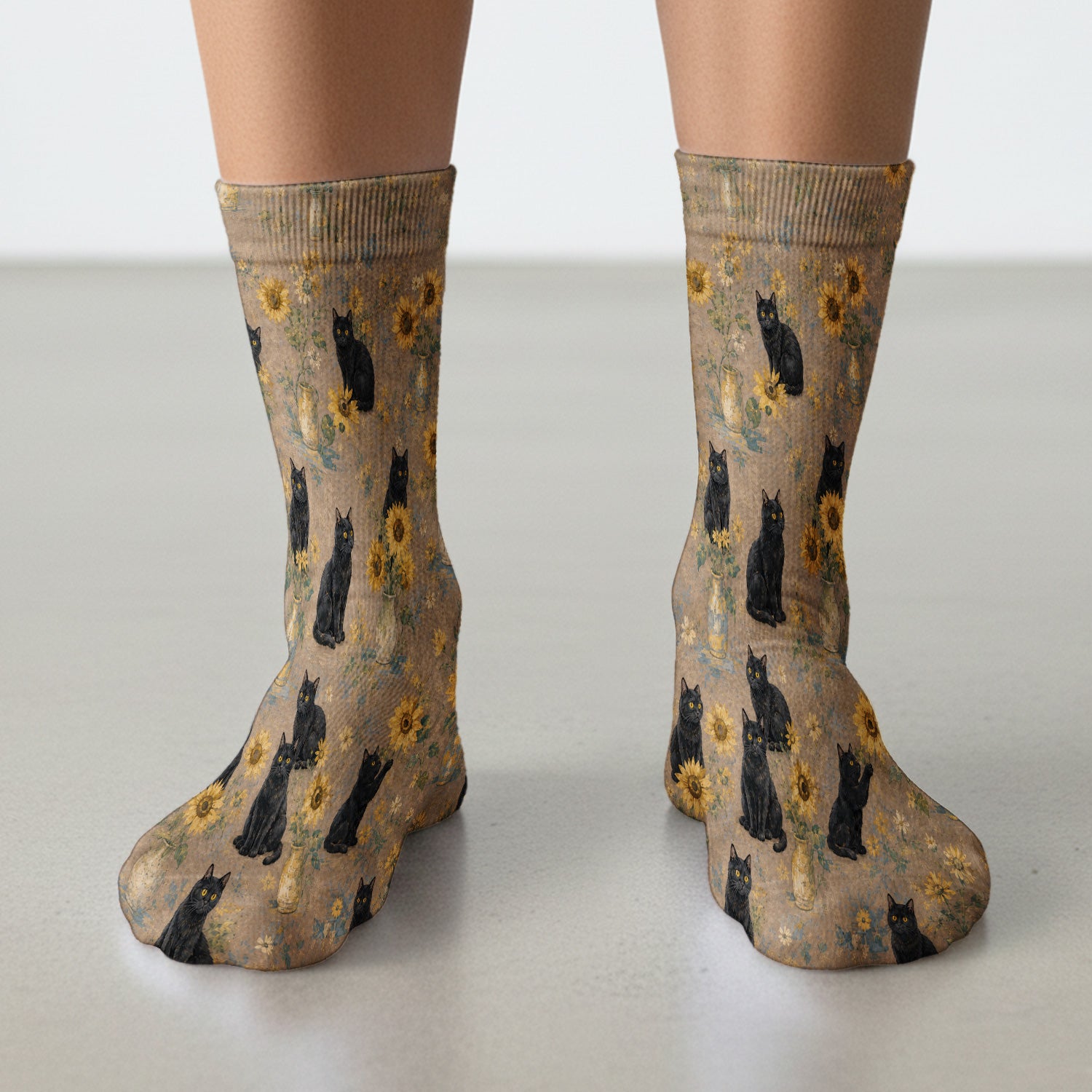 Rustic Sunflower Black Cat Print Socks, Adult Socks for Men and Women