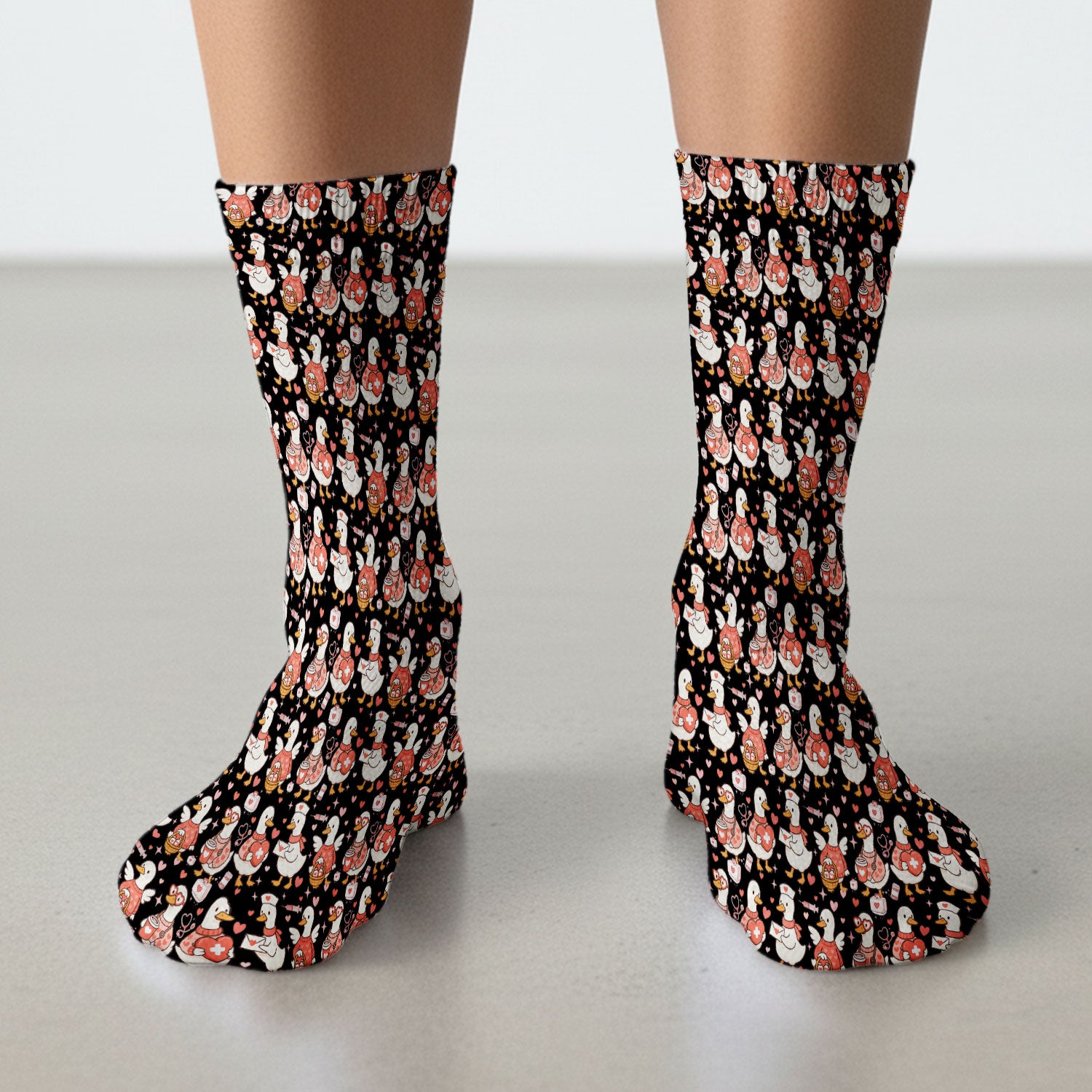Valentine Goose Nurse Scrub Socks, Heart Medical Pattern Nurse Sock, Breathable Fabrics Nursing Uniform