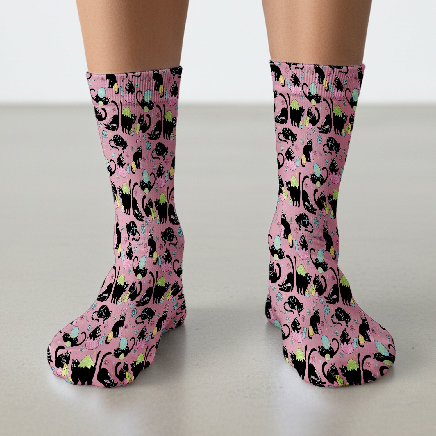 Funny Easter Black Cat Egg Pattern Print Socks, Adult Socks for Men and Women