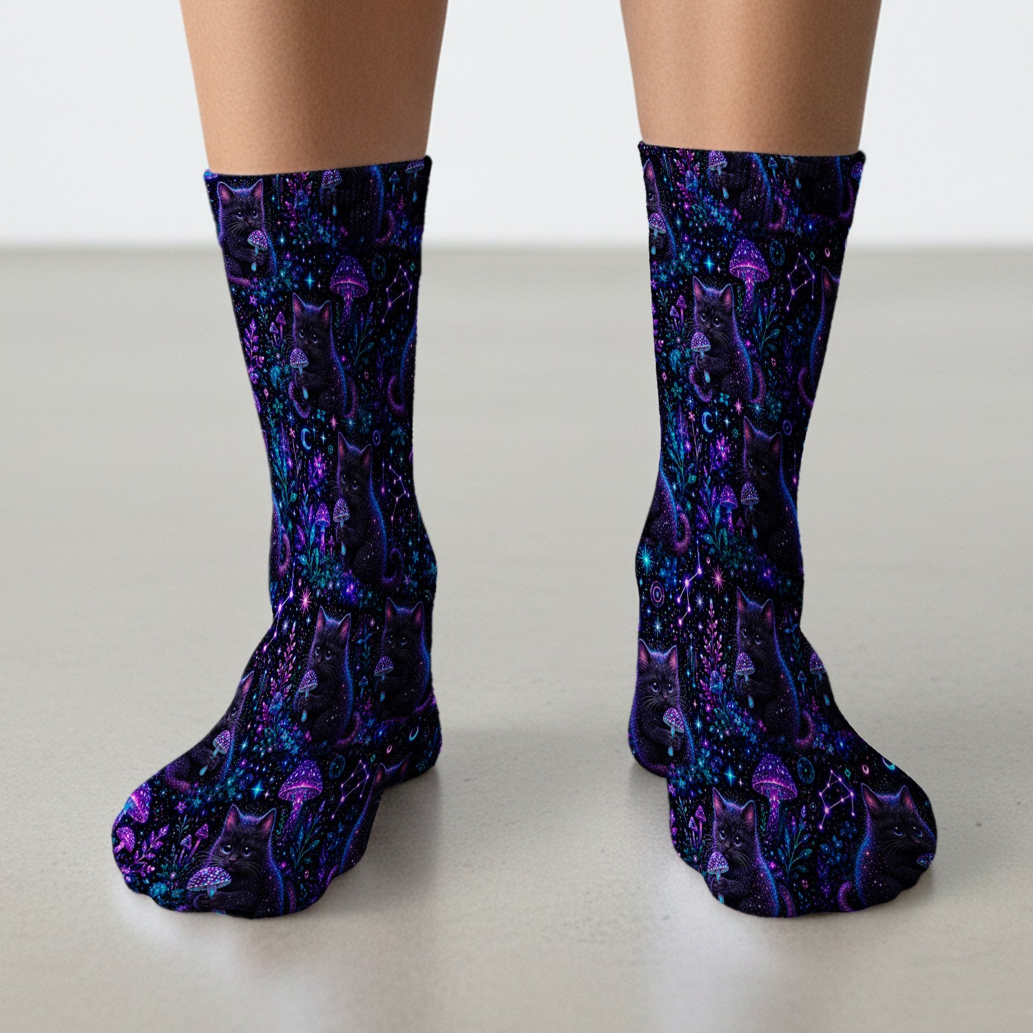 Neon Black Cat Mushroom Galaxy Pattern Socks, Adult Socks for Men and Women