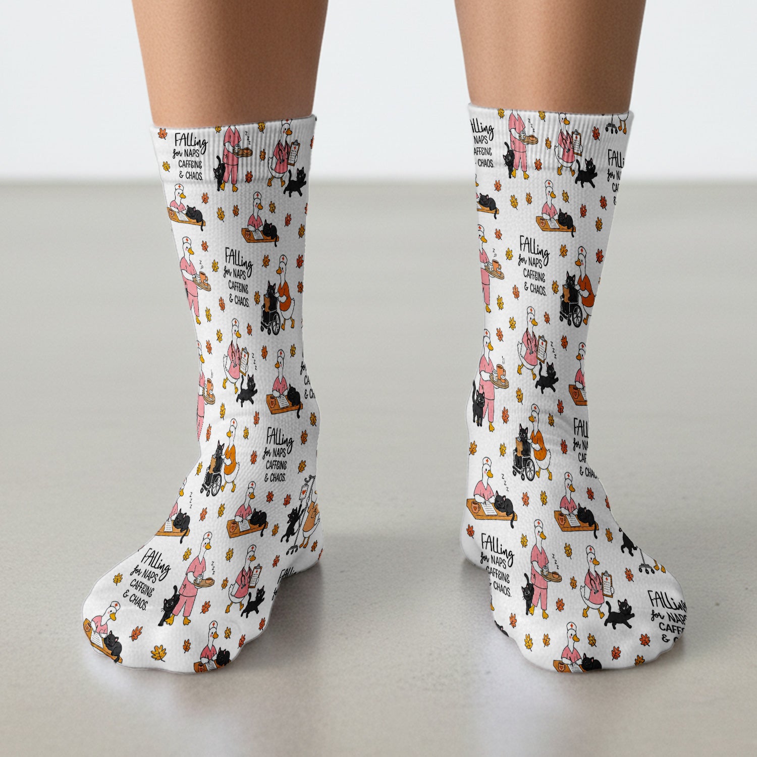 Funny Fall Nurse Goose And Black Cat Socks, Adult Socks for Men and Women