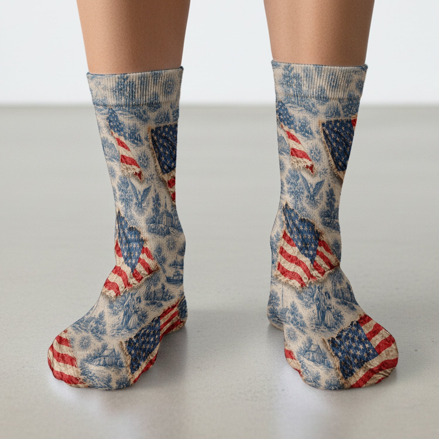 Vintage American Flag Toile Pattern Socks, Adult Socks for Men and Women