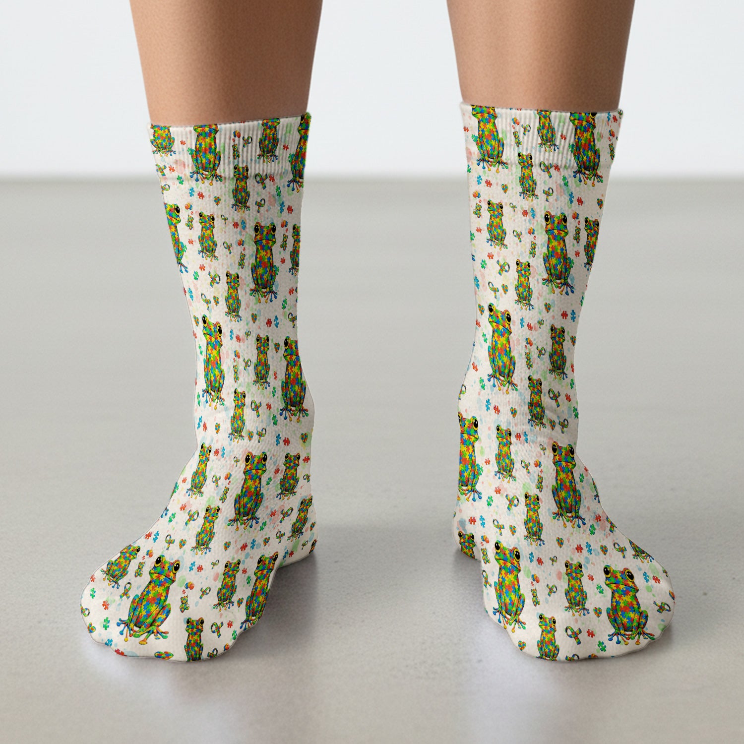 Colorful Autism Puzzle Frog Pattern Socks, Adult Socks for Men and Women