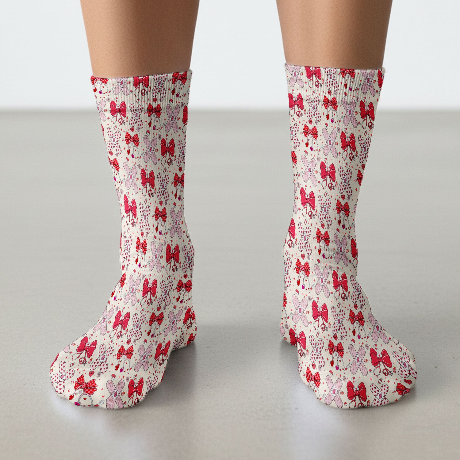 Valentine Nurse Scrub Socks, Red Bow And Heart Bandage Pattern Medical Sock, Breathable Fabrics Nursing Uniform