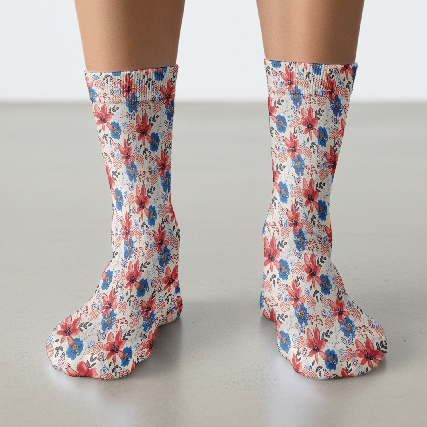 Patriotic Wildflower Flag Butterfly Pattern Socks, Adult Socks for Men and Women