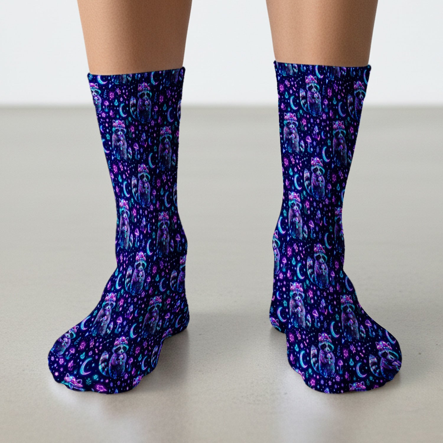 Neon Mushroom Raccoon Moonlight Pattern Socks, Adult Socks for Men and Women