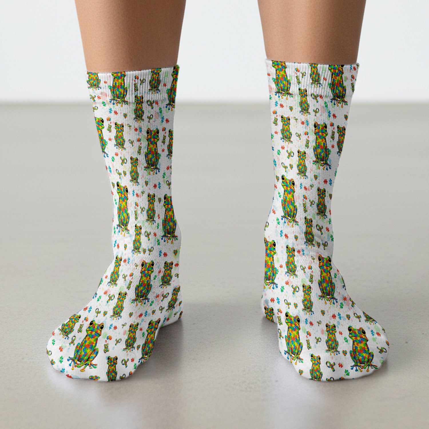 Colorful Autism Puzzle Frog Pattern Socks, Adult Socks for Men and Women