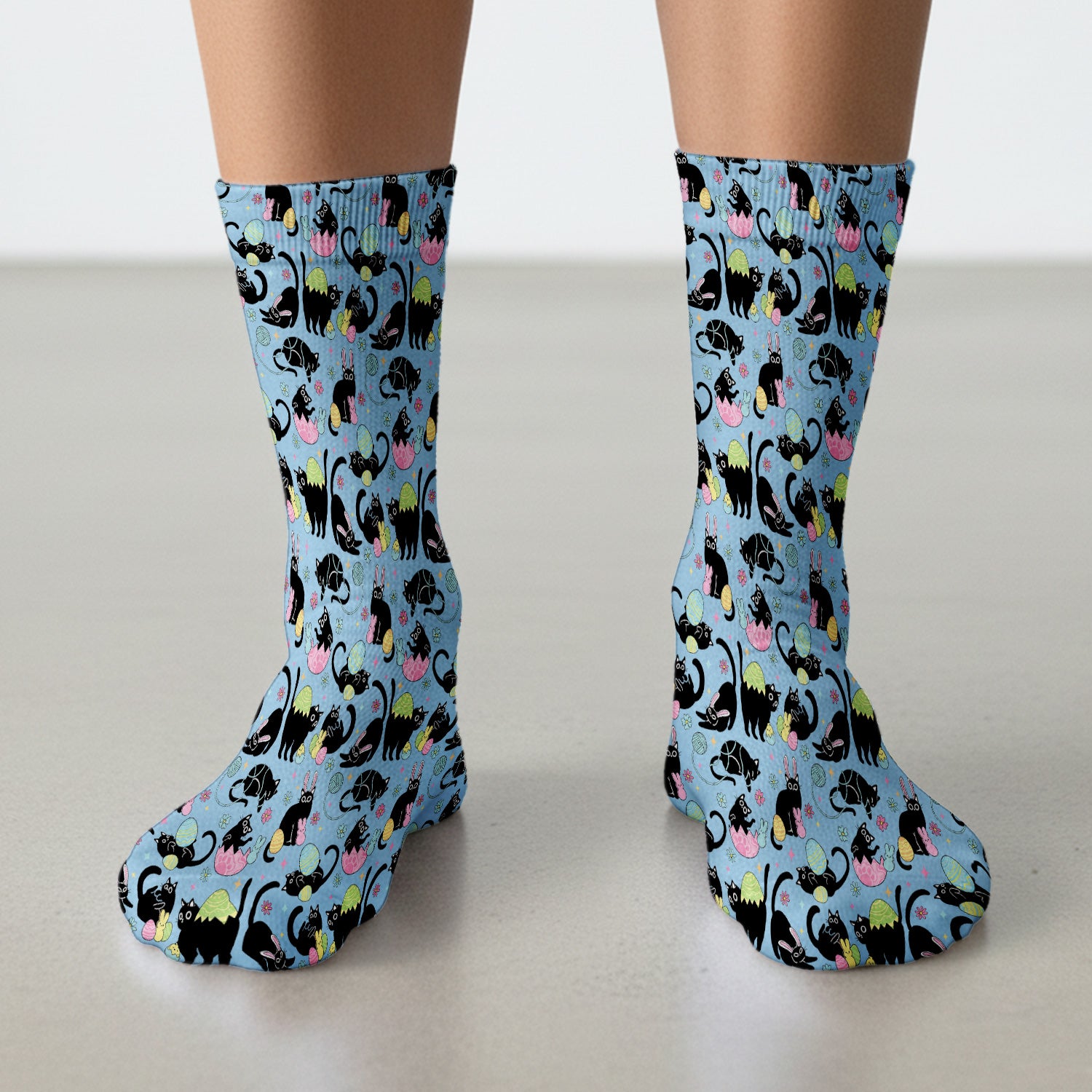 Funny Easter Black Cat Egg Pattern Print Socks, Adult Socks for Men and Women