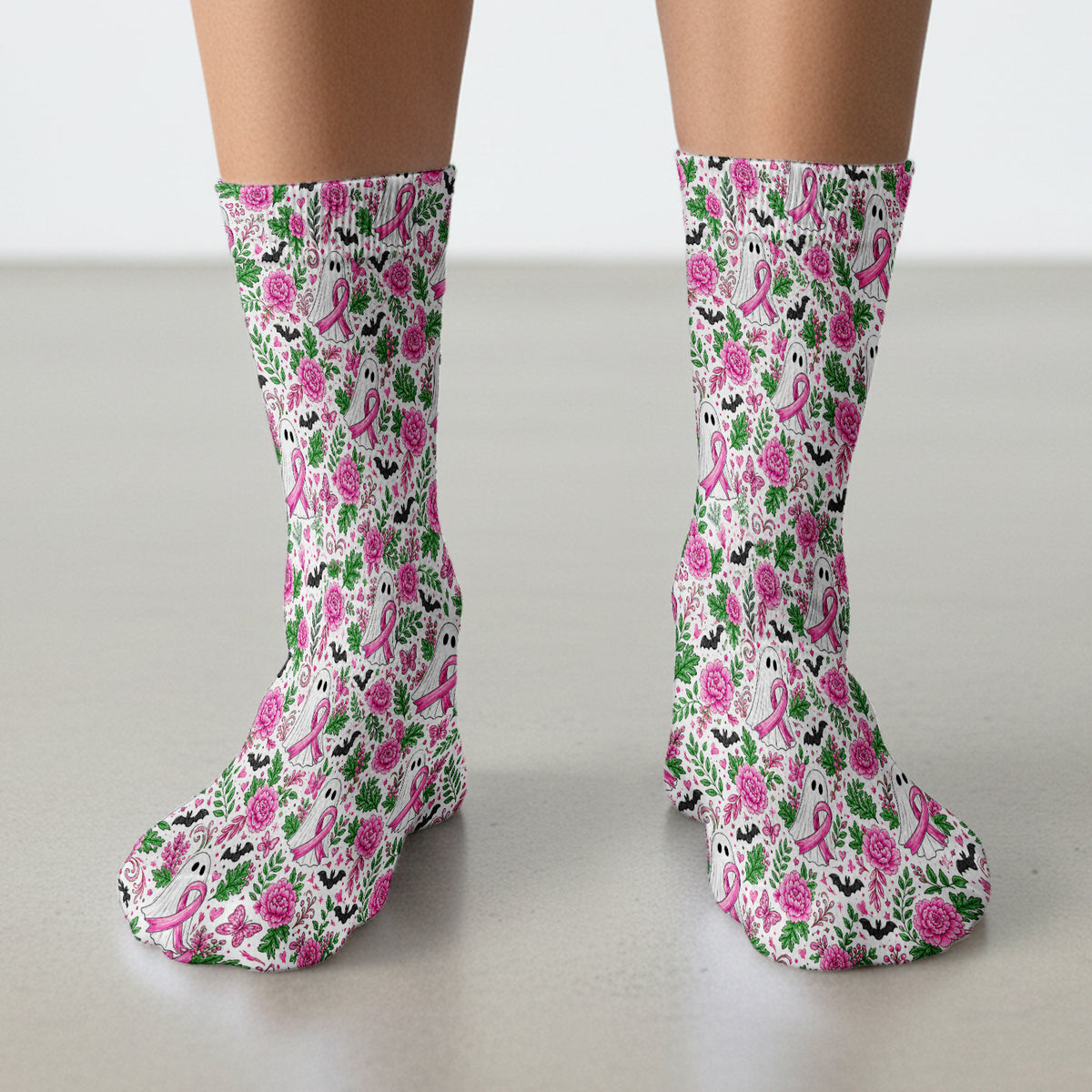 Breast Cancer Awareness Floral Ghost Socks, Adult Socks for Men and Women