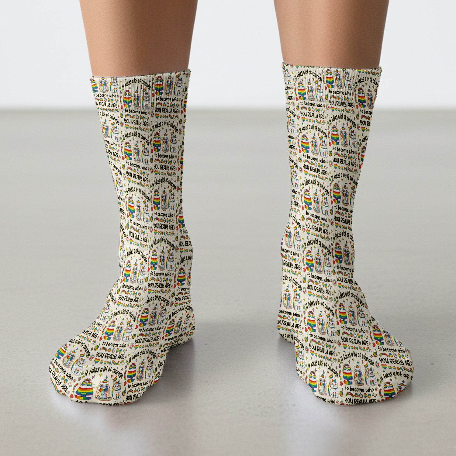 Inspirational Nurse Rainbow Cat Courage Quote Pattern Socks, Breathable Fabrics Medical Uniform