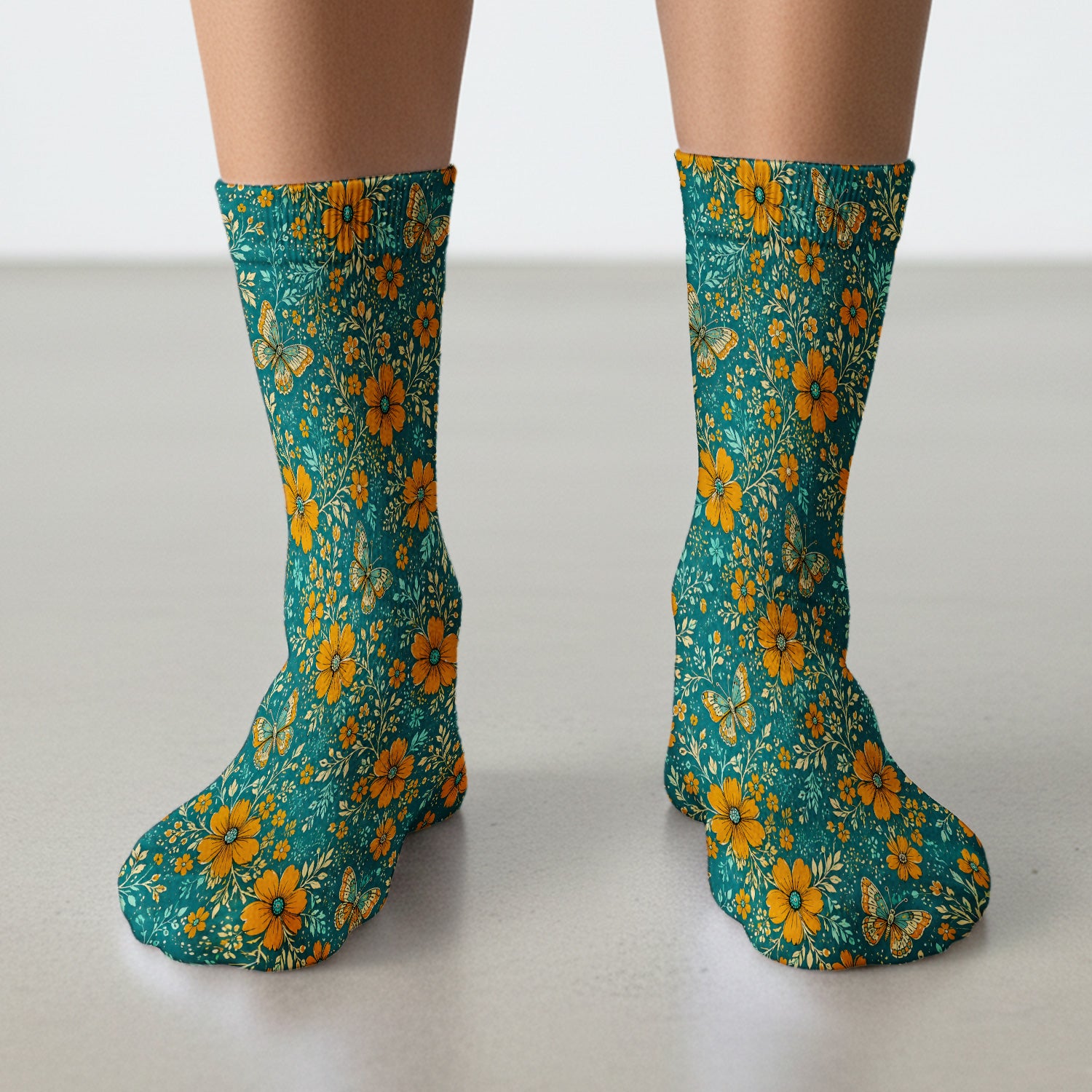 Orange Floral Butterfly Vine Pattern Socks, Adult Socks for Men and Women
